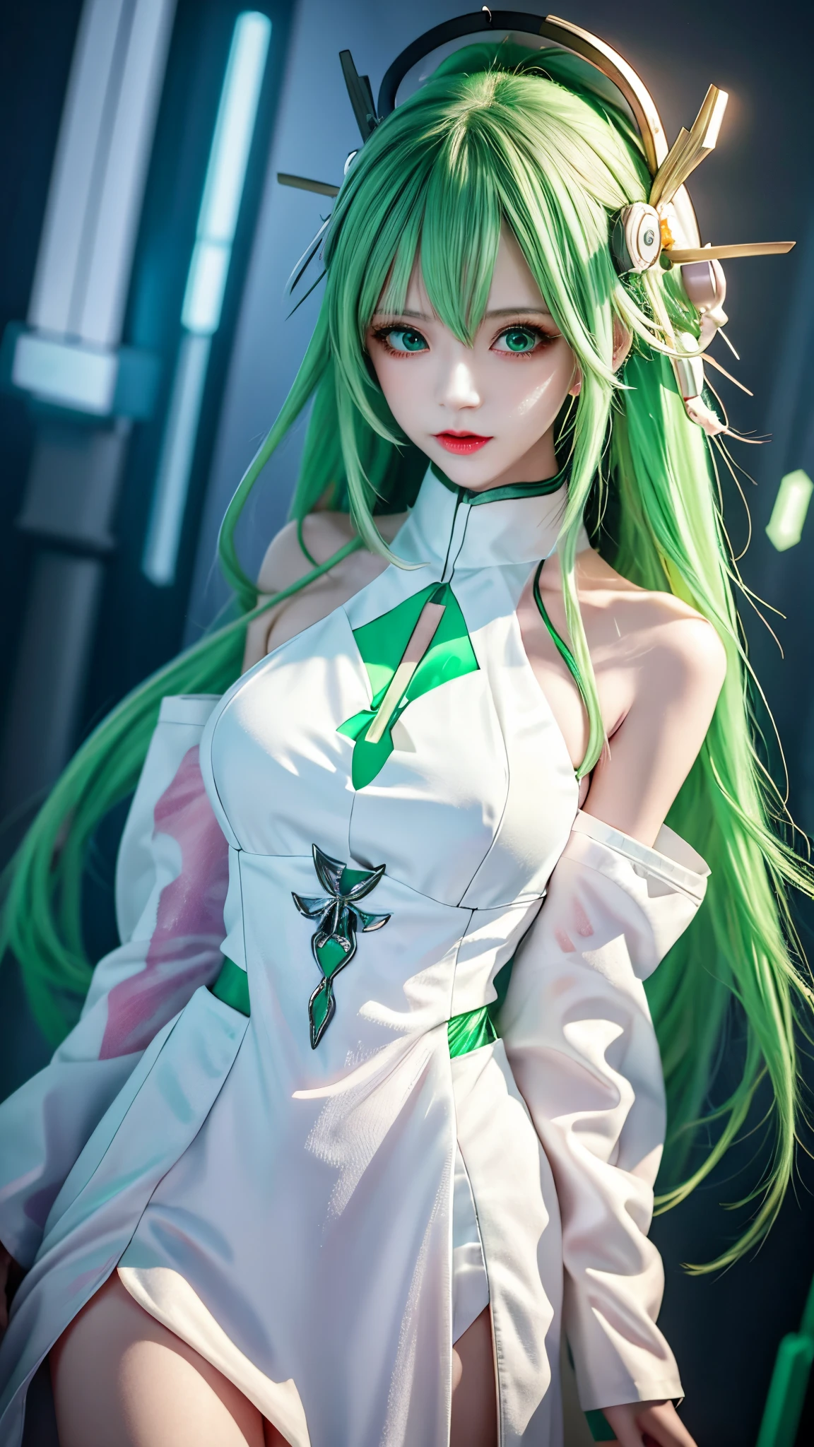 anime girl with green eyes and a white dress holding a green light, perfect android girl, digital cyberpunk anime art, cyberpunk anime girl mech, anime cyberpunk art, cute cyborg girl, cyberpunk anime girl, digital cyberpunk - anime art, female cyberpunk anime girl, anime robotic mixed with organic, artwork in the style of guweiz, cyberpunk anime art, dreamy cyberpunk girl