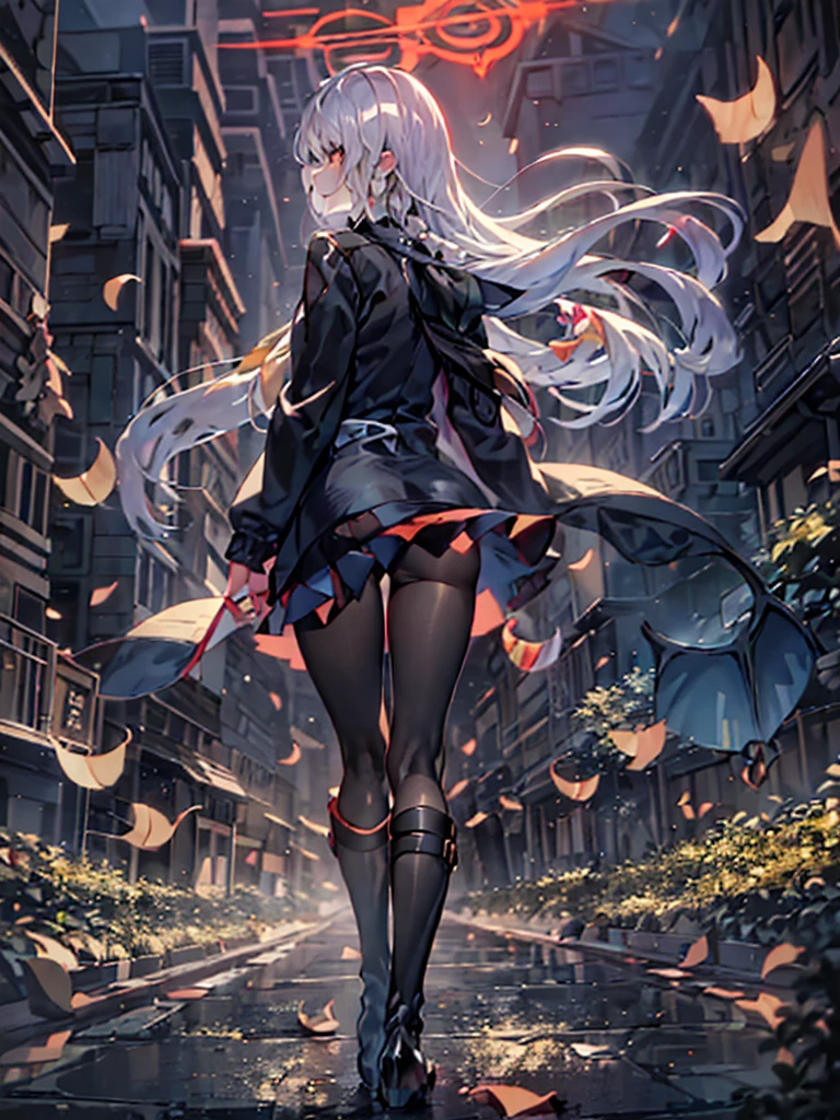 1 girl in、((masutepiece, Realistic, Best Quality, very intricate, Solo, )), Color connection, colorized, Vivid color scheme、full body Esbian、Beauty with outstanding style：1.4、Slender Abs：1.2、((White hair、Colossal tits：1.2))、A detailed eye、red eyes、radiant eyes、二重まぶた、（（（Hanging eyes）））、white  shirt、Black tie、a black skirt、Black tights、Highly detailed facial and skin texture、glistning skin、Clear skin、（Black Devil's Wings）、Unkempt hair、sniper rifles、Sniping、Shooting、（（from below looking up））、deep in the night、moonlights、（（Red Moon））、shadowy、鎖骨、kawaii、Ruins、rubble