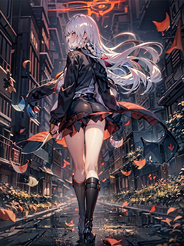 1 girl in、((masutepiece, Realistic, Best Quality, very intricate, Solo, )), Color connection, colorized, Vivid color scheme、full body Esbian、Beauty with outstanding style：1.4、Slender Abs：1.2、((White hair、Colossal tits：1.2))、A detailed eye、red eyes、radiant eyes、二重まぶた、（（（Hanging eyes）））、white  shirt、Black tie、a black skirt、Black tights、Highly detailed facial and skin texture、glistning skin、Clear skin、（Black Devil's Wings）、Unkempt hair、sniper rifles、Sniping、Shooting、（（from below looking up））、deep in the night、moonlights、（（Red Moon））、shadowy、鎖骨、kawaii、Ruins、rubble