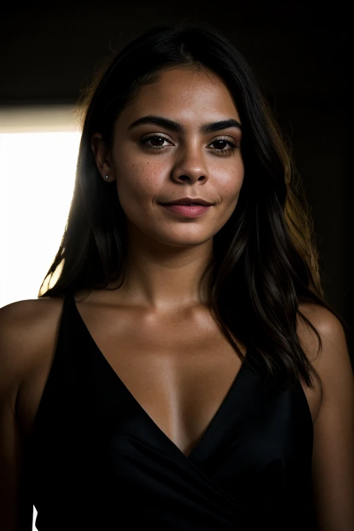 Foto RAW, Portrait photo of beautiful face of beautiful 26 years. Mujer, cara linda, Vestido negro, cara feliz, Sombras duras, Cinematic shot, Dramatic lighting