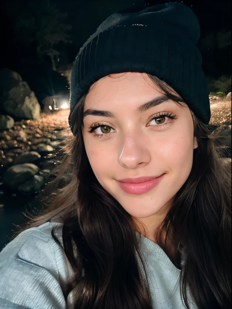 Photorealistic, Best Quality, Hyper Detailed, Beautiful woman, selfie photo, Upper body, Solo, wearing pullover, Outdoors, (Night), mountainscape, The nature of real life, Stars, Moon, (Outstanding smile、A dark-haired、sixteen years old、Cheerful, Happy), Beanie, flash lights, forest, boulders, River, Wood, Smoke, Fog, crystal clear skies, analog style, Looking at Viewer, Skin Texture, Film grain, close up, 超A high resolution, Best Shadow, raw, Instagram LUT