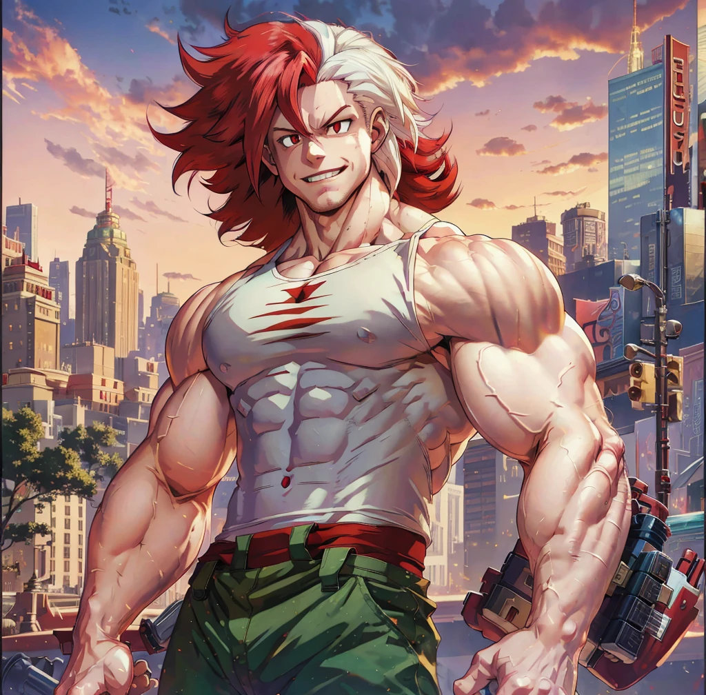 pale masculine man, muscular burly build, long frizzy Red and White hair, well-drawn red eyes, subtle grin, tank top, brown boots, highres, detailed cityscape background, my hero Academia art style,