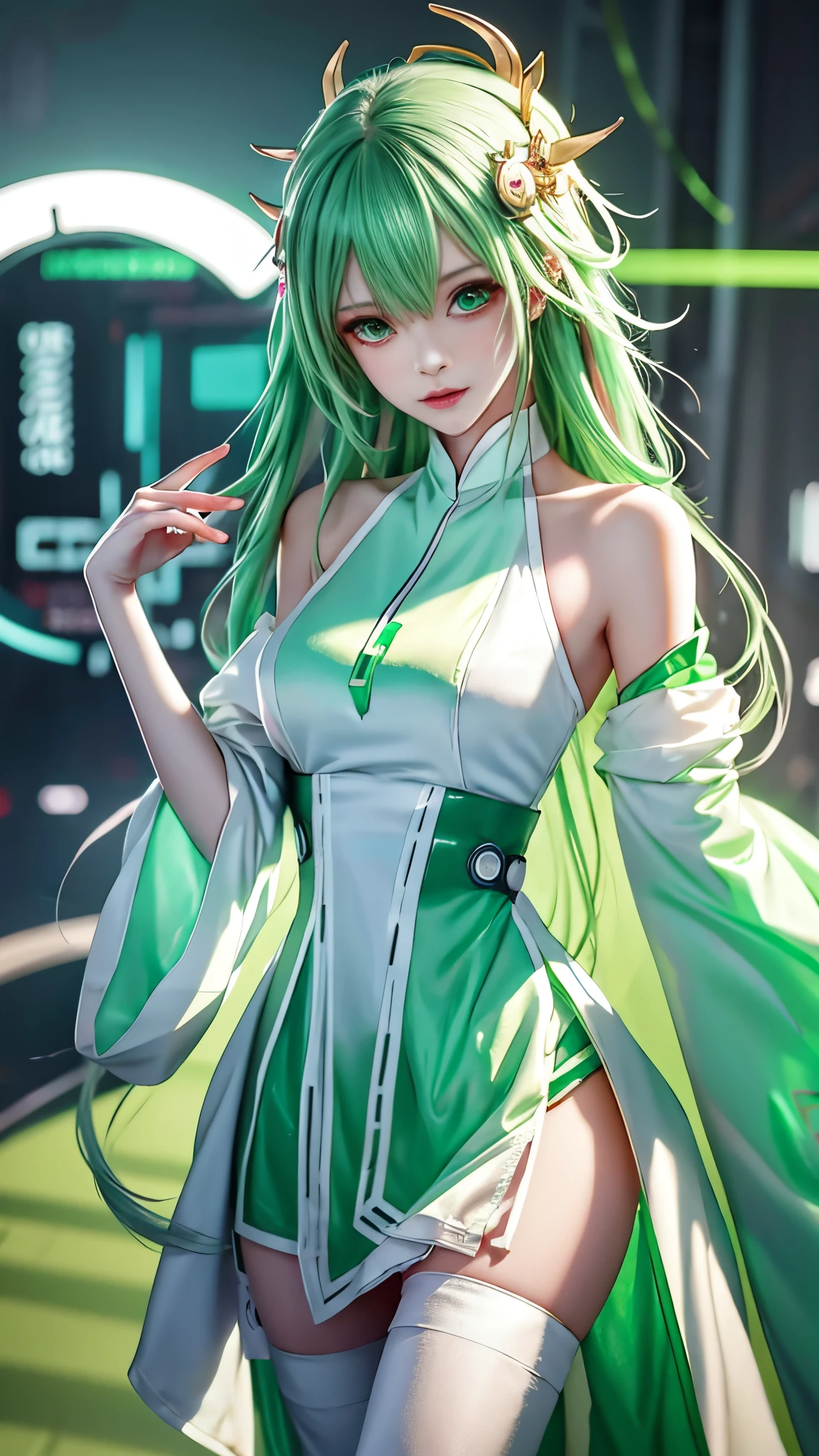 anime girl with green eyes and a white dress holding a green light, perfect android girl, digital cyberpunk anime art, cyberpunk anime girl mech, anime cyberpunk art, cute cyborg girl, cyberpunk anime girl, digital cyberpunk - anime art, female cyberpunk anime girl, anime robotic mixed with organic, artwork in the style of guweiz, cyberpunk anime art, dreamy cyberpunk girl