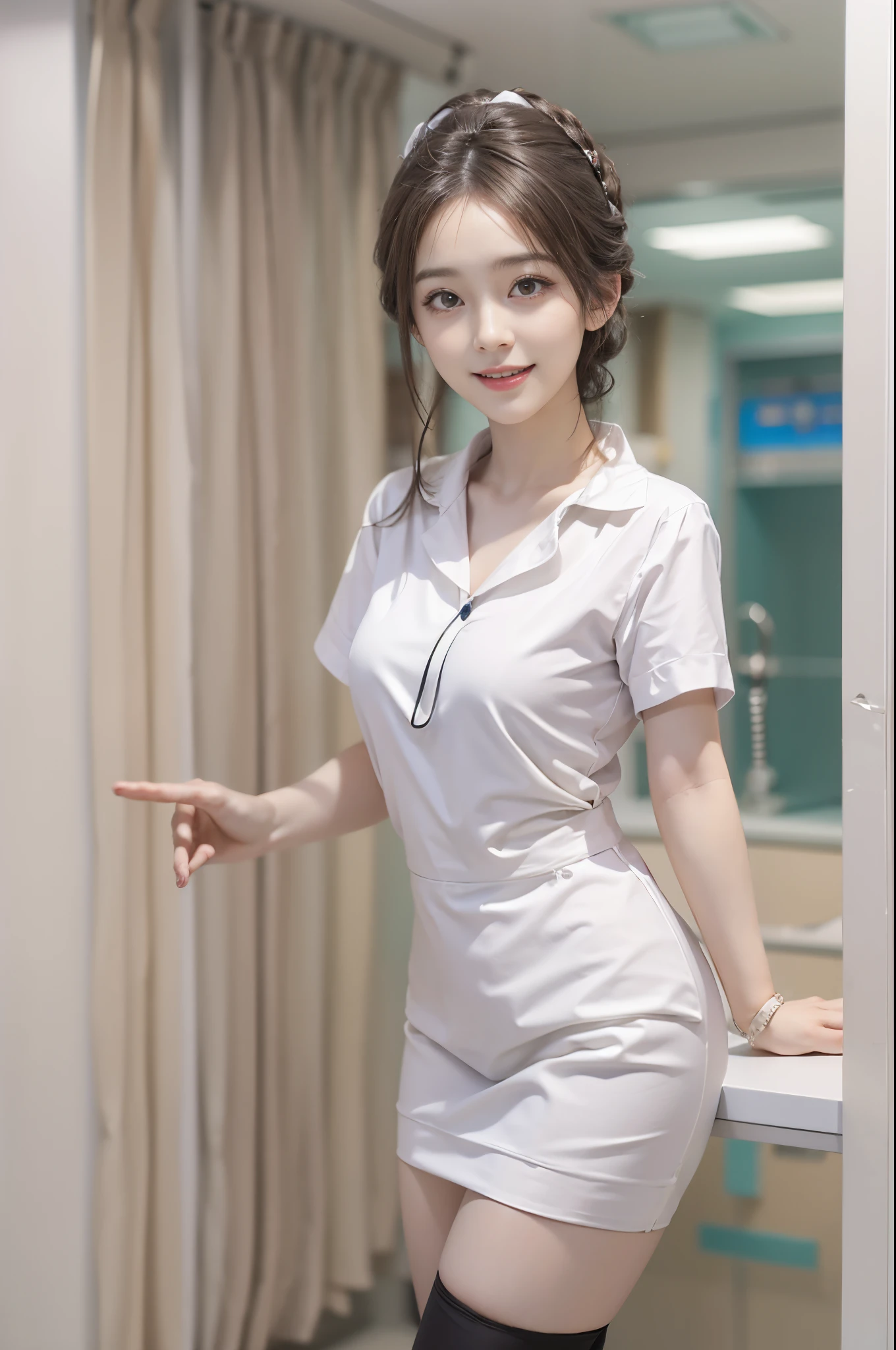 masutepiece、Full body posture、hight resolution、Nurse、a miniskirt、White stockings、28-year-old girl、Looking at the camera、Finish as shown in the photo、the skin is white and beautiful、brunette hair tied back、A smile、The background is a hospital room、