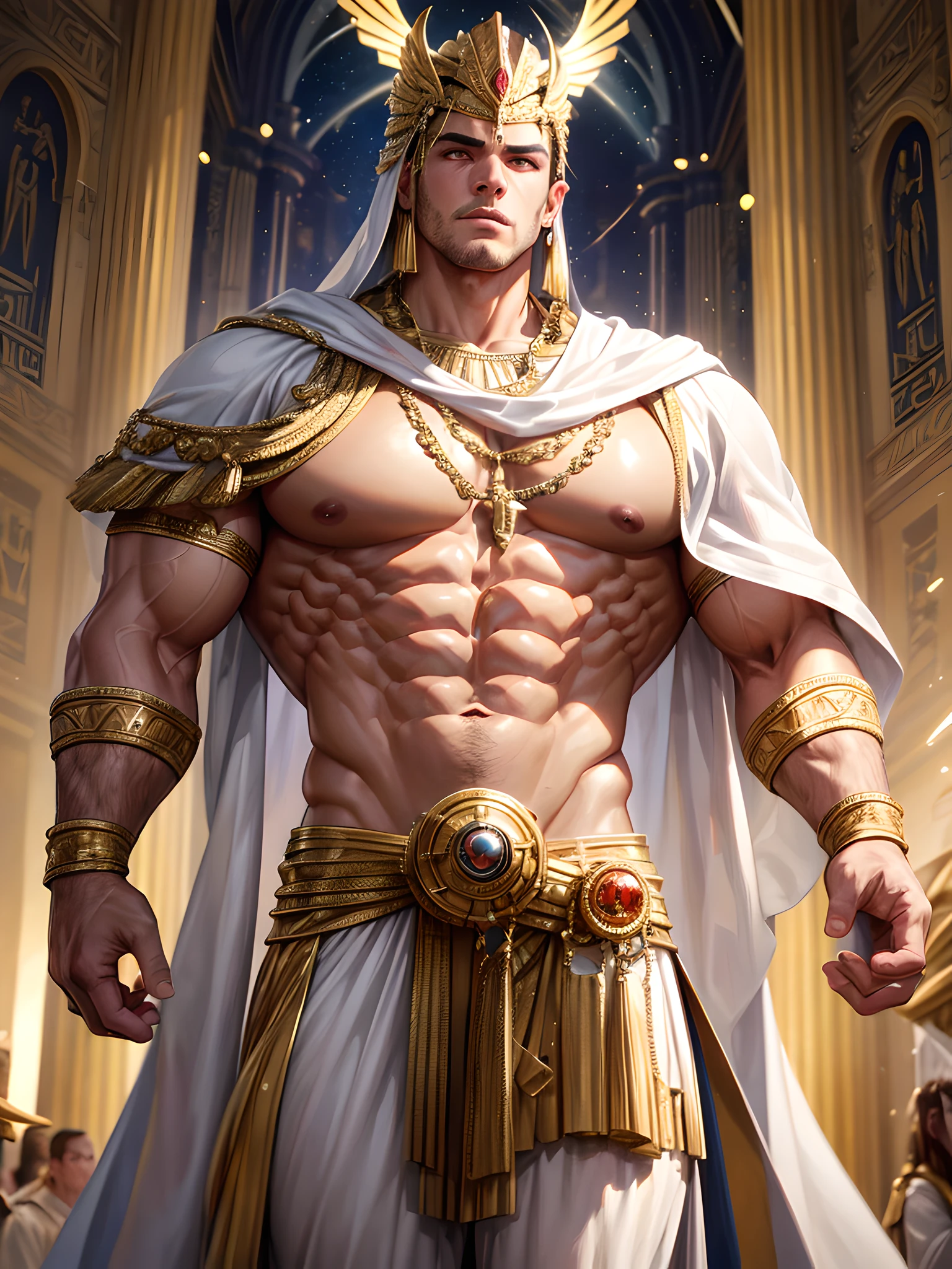 (((absurdres))) perfect whole body, ultra photorealistic, Top quality, Photorealistic, ((16k UHD)), High Definition, high res, ultra sharp, masterpiece, best quality, intricate details, detailed eyes, perfect face detailed face, masterpiece, highly detailed exquisite character art, perfectly detailed anatomy, crouch bulge (((cinematic light))), ultra-realistic (((1Male))), ((muscular)), ((bodybuilder)), ((bara)), muscular male deity, god of light, celestial being, Egyptian inspired, pecs, robes, church, people watching, handsome male, white eyes, helmet, metallic robes, god rays, glowy, casting magic, heroic pose, gay couple
