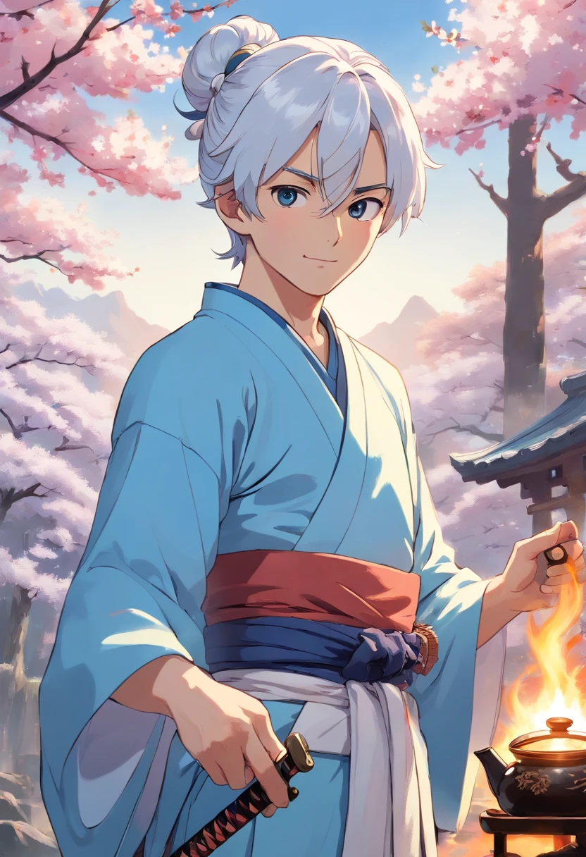 French man, hair bun, powder blue and white kimono, wielding katana, teapot on camp fire, standing, white hair, high cheekbones, smirking, dappled sunlight, cherry blossoms male, masculine, facial hair stubble, 5'oclock shadow