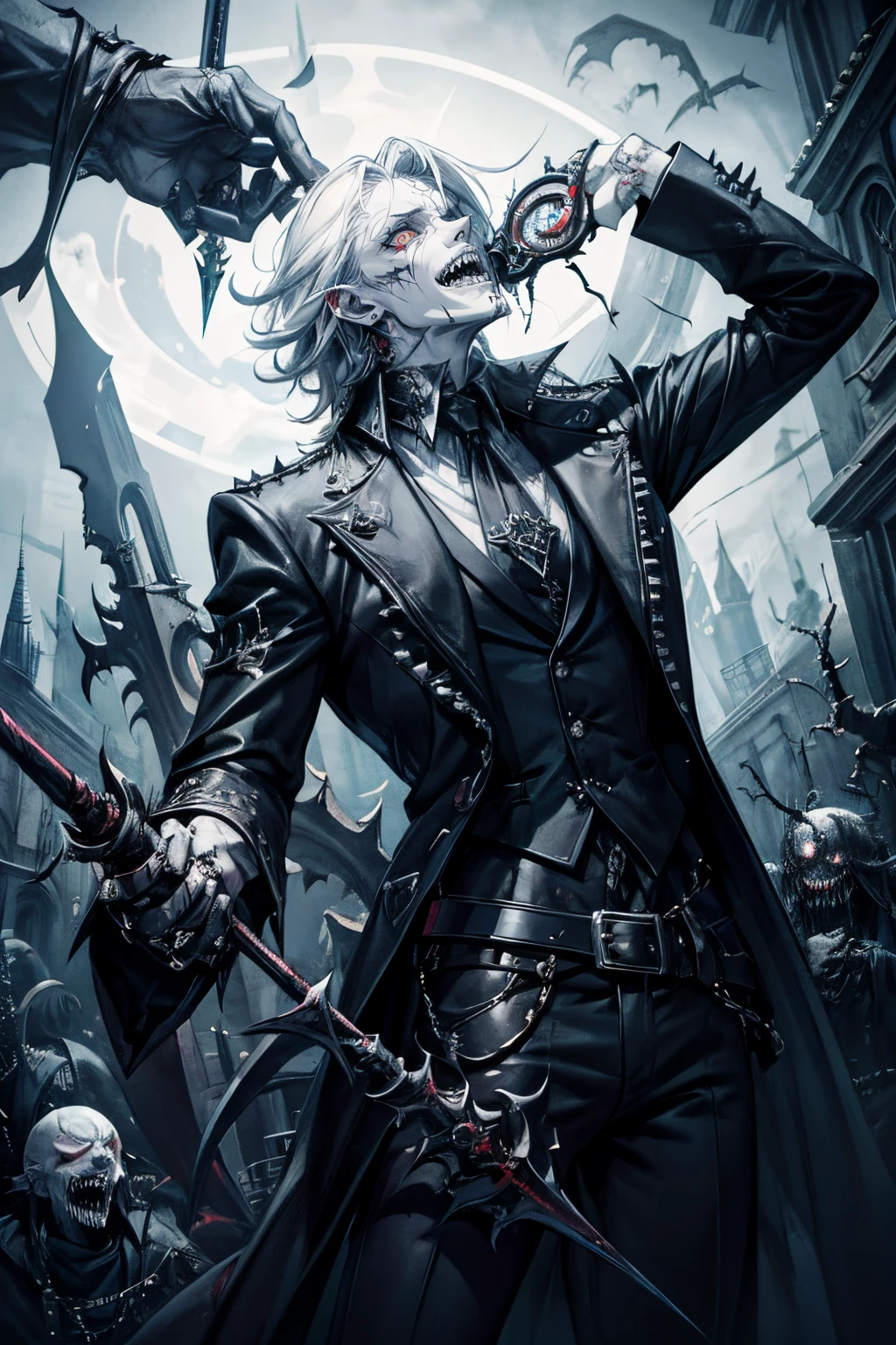 Masterpiece, Best Quality, overhead view, 1guy, ((goth)), ((Pale_Skin)), sharp teeth, Horror, messy  hair, Looking Up, Liquid Makeup, goth, Horror, evil laugh, Three Eyes, horror background, Revolver in hand, 血, spear, terrible, terror, infected, ??????,