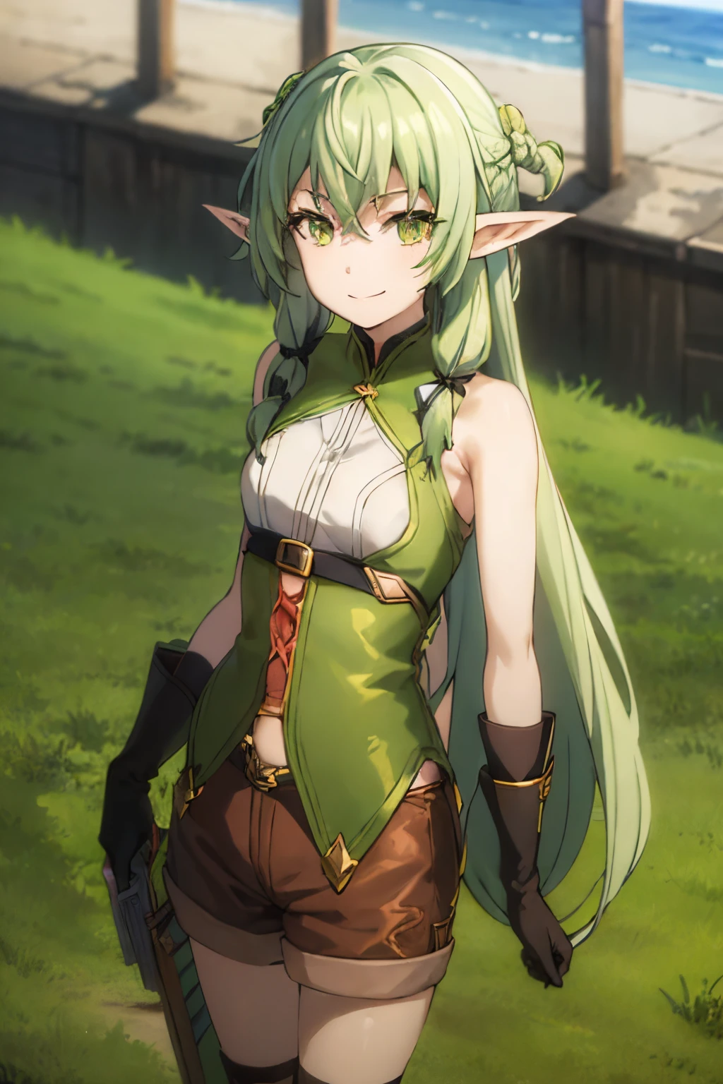 best quality, (masterpiece:1.2), detailed,
1girl, solo, closed mouth, smile, pointy ears,
green hair, green eyes, long hair,smothy hair, long hair with long locks, 
green dress, sleeveless dress, black gloves, asymmetrical gloves, brown shorts,
standing, looking at the viewer,
outdoors