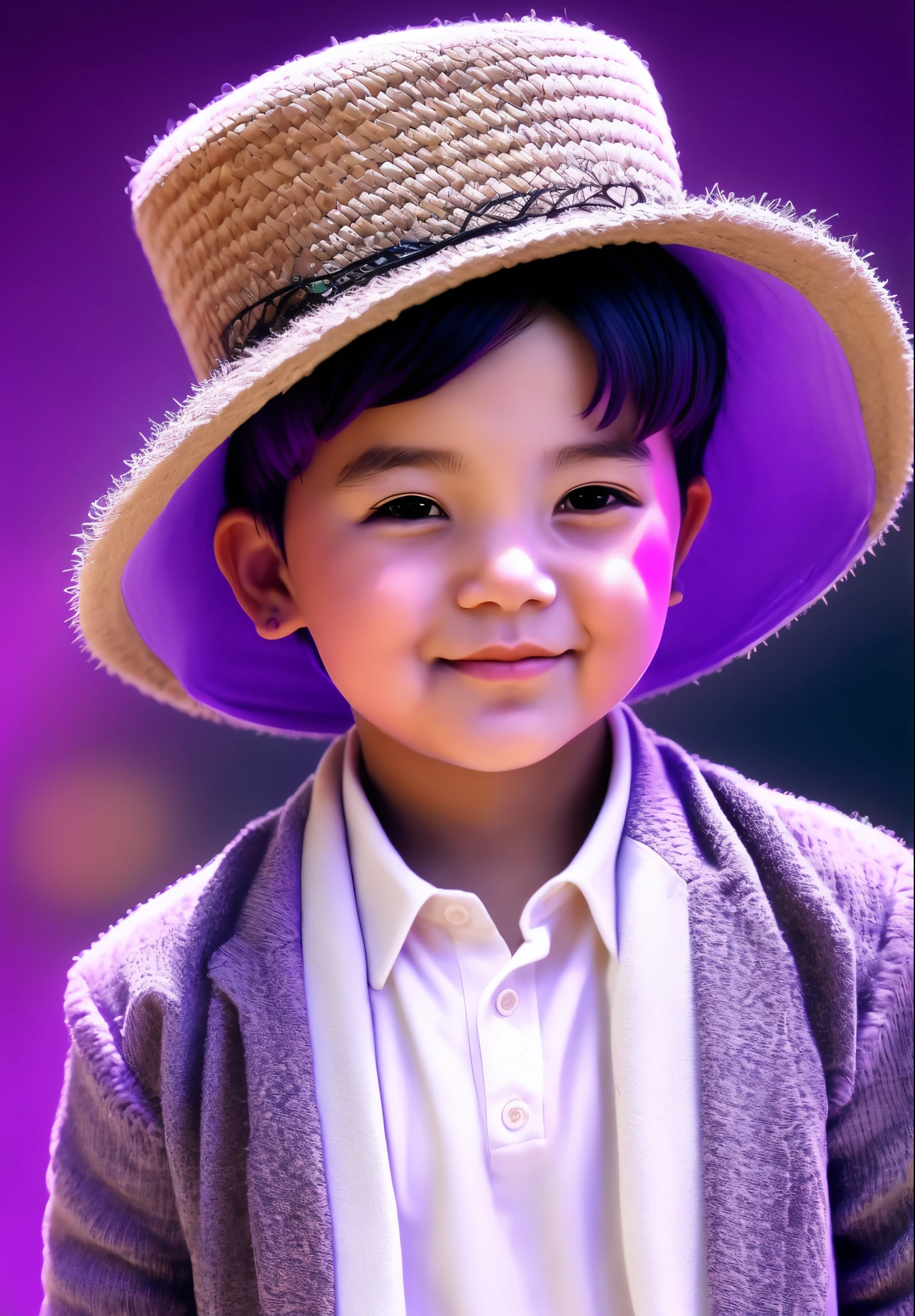 He wore a straw hat and a black eyepatch.、purple hair suit boy