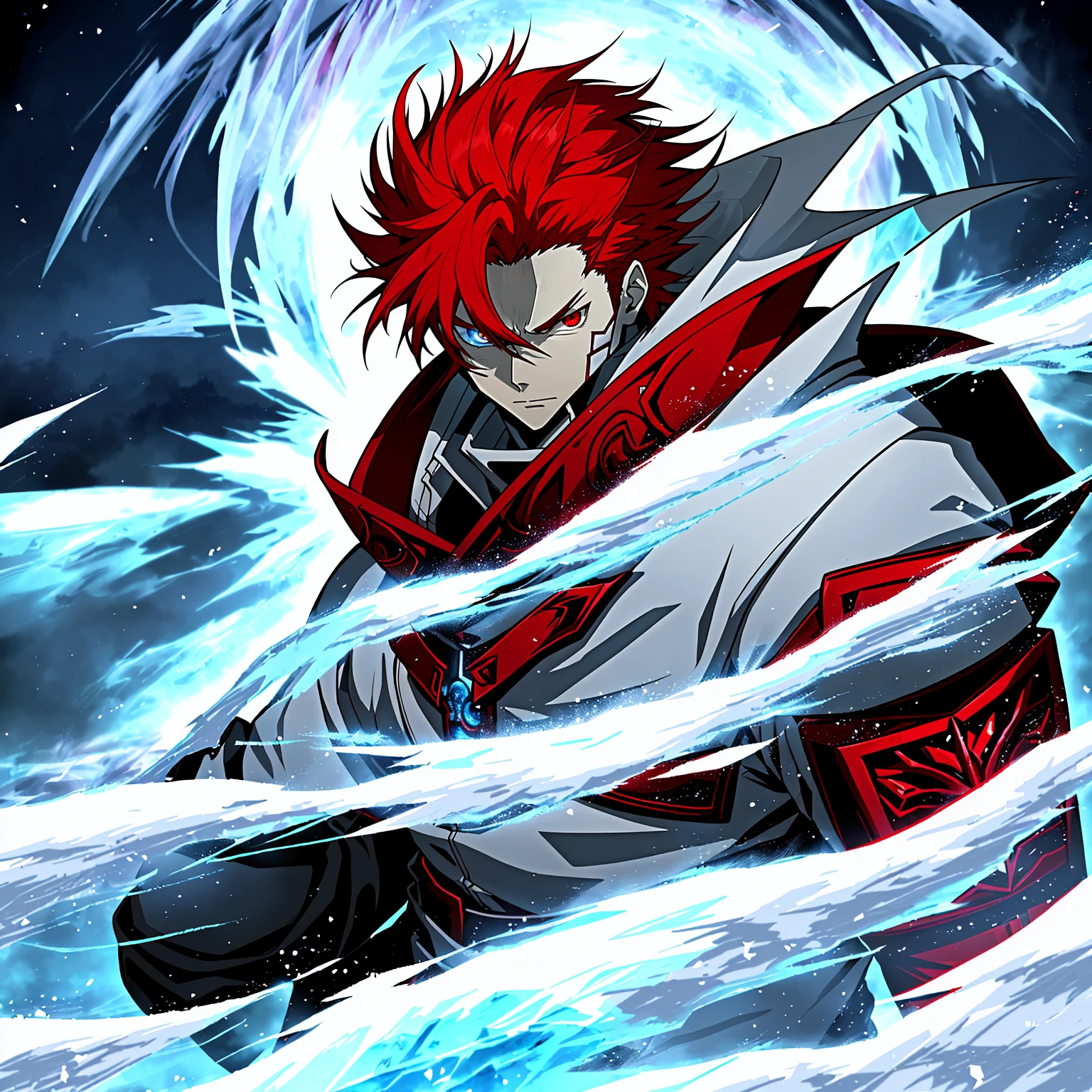Red-eyed anime character with red hair in snowy scene, Ice Mage,Tall anime characters，red eyes, freezing blue skin, Key anime art, male anime characters, ice crystal armor, Detailed key animation art, Magic Knight complete avatar, Infrared sleeve, Possess the power of ice