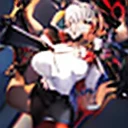 1 girl in、((masutepiece, Realistic, Best Quality, very intricate, Solo, )), Color connection, colorized, Vivid color scheme、full body Esbian、Beauty with outstanding style:1.4、Slender Abs:1.2、((White hair、Colossal tits:1.2))、A detailed eye、red eyes、radiant eyes、二重まぶた、(((Hanging eyes)))、white shirt、Black tie、a black skirt、Black tights、Highly detailed facial and skin texture、glistning skin、Clear skin、(Black Devil's Wings)、Unkempt hair、sniper rifles、Sniping、Shooting、((from below looking up))、deep in the night、moonlights、((Red Moon))、shadowy、鎖骨、kawaii、Ruins、rubble