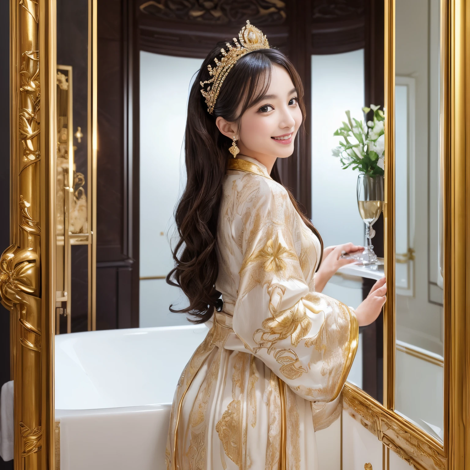 ((top-quality、masutepiece、8K、Top image quality、Very complex and detailed details))、(Shooting with a princess as the main character:1.5)、(Take a photo from close to the princess:1.5)、(Please take a photo of the princess'The upper part of the body:1.5)、((chinese princess、1 Princess、the princess is standing in the bathroom、the most gorgeous chinese bathrobe、most luxurious bathroom、very luxurious bathroom、marbled、Gorgeous white and gold gothic interior、Liberation、wide々and bathroom、wide々and space、A bathroom with a perfect glow、gorgeous bathroom interior、Gorgeous bathtub、gorgeous shower、Gorgeous Mirror、The most intricate and luxurious bathroom、Unimaginably luxurious bathroom、Very complex decoration、Highly detailed bathroom))、(View me、Look at viewers、perfect anatomia、Biggest smile、The happiest smile)