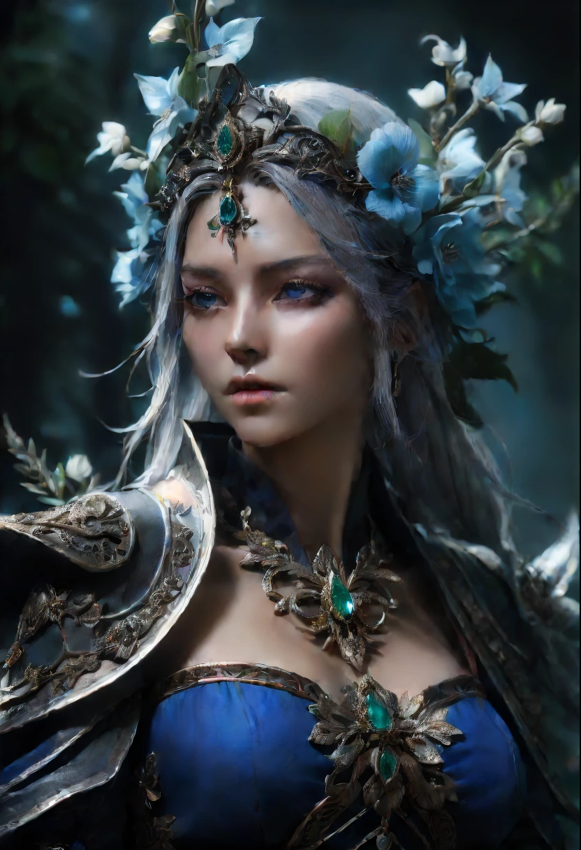(Lycorisradiata close-up:1.5),Charming flower of the other side,Mysterious Manzhu Shahua,A bloody ghost flower blooming at the gate of hell,Leading the soul to the afterlife,Evil charm,Flirtatious,uncanny,Magic Sword,Legendary magic sword,Glory Magic Sword,Alloy iron flower,Alloy vines surround the magic sword,There are iron flowers on the sword,heavy metal style,metal art,flower made of iron,iron leaf,Full metallic luster,Metal texture in the post-industrial era,Crafts made from twisted alloy wire,gold flowers,Iron flower,Silver flower,metal tree branch,a crystal pendant,Emerald inlay,well-built,Perfect craftsmanship,Magic lightning background,blue lightning,There are fairies,dark fantasy style art, dark flower shaman, dark fantasy concept art, bloodborne concept art, dark concept art, Feiyu looking for flowers, Diablo digital concept art, dark fantasy art style, Dark flowers, 🌺 CG Society, bloodborne art, photorealistic dark concept art, Concept film, Ruben Tan,portrait of death, onmyoji detailed art,beautiful necromancer, Ominous fantasy illustration