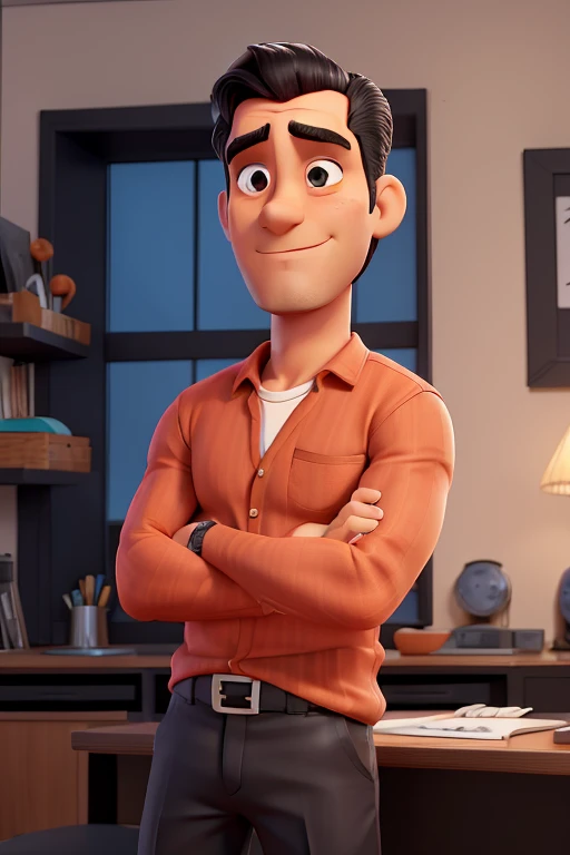 Um homem de cabelos preto ,desenho animado vestindo uma camisa vermelha, black trousers, arms crossed, com sapatos preto, triste