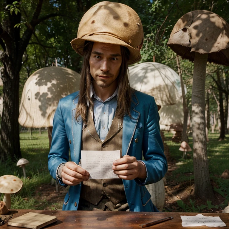Man in a hat with a magic mushroom and looking hallucinated writing a love letter in the film: alice in the wonderland