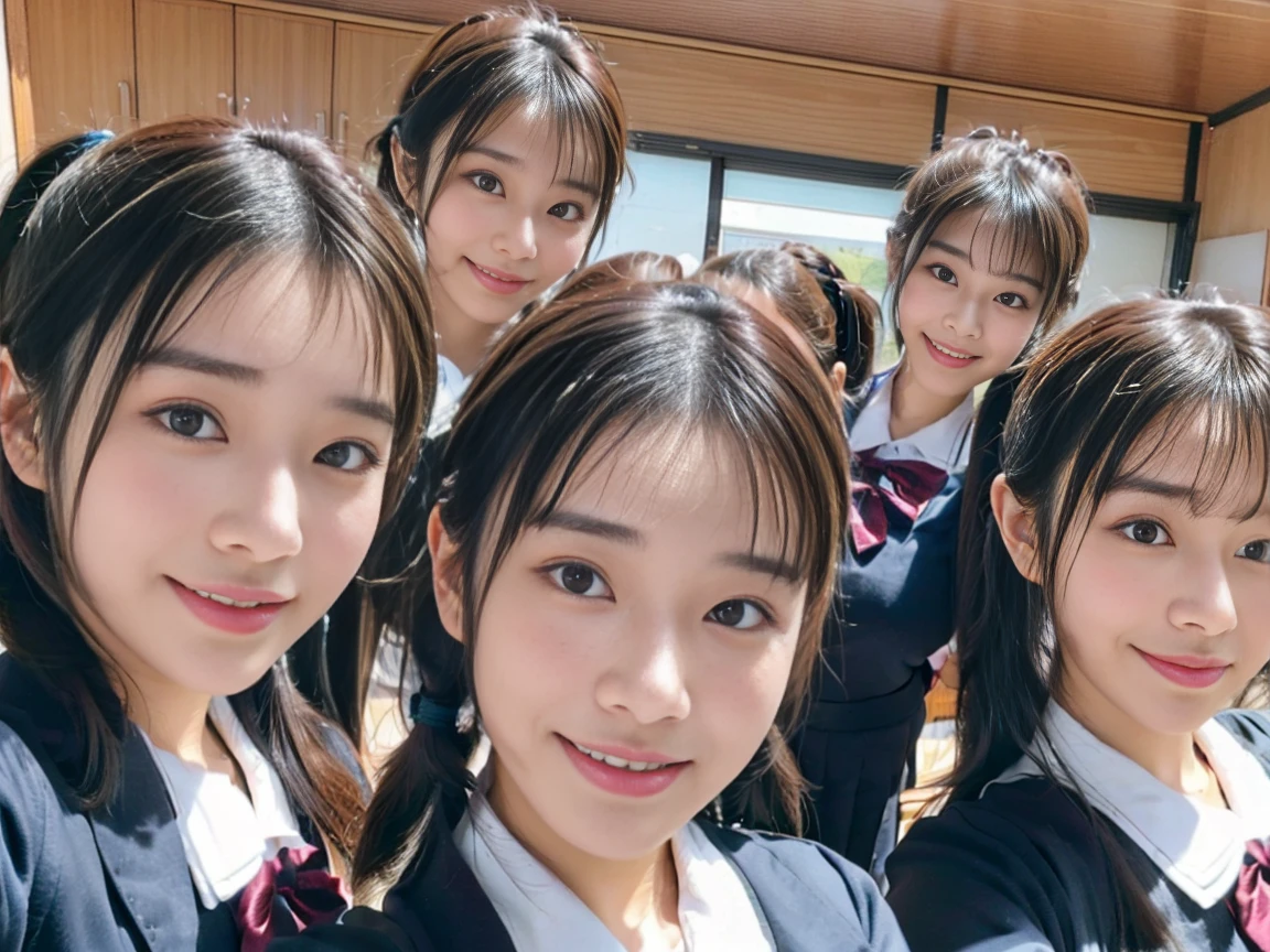 (8K、Raw photography、top-quality、masterpiece:1.2)、ultra-detailliert、ultra res、(hyper reality、)ultra-detailliert、ultra res、(realisitic、Real Photographics:1.47)、(Hugging each other)Leaning closer、(Fantastic lighting)Hugging、电影灯光、de pele branca、Fair-skinned female proofreading、An ultra-high picture quality、Stylish lighting、Beautiful female proofreading reflecting in light、amazing detailed、Beautiful girls in very detailed、Faces with different patterns、Different face patterns、Each hairstyle has its own characteristics、Farbe々Hairstyle、Farbe々Hair color、Circle of Angels、Super good friend、Good female proofreaders are playing、Having a conversation in a classroom at school、Brown hair shining in the light、One has a ponytail、、Modern cute high school girl、very detailed faces very detailed eyes、Very realistic skin、 extremely detailed fingers, highly detailed nose, highly detail mouth, perfect anatomia, Highly detailed sailor suit、highly detailed back ground,After school、Smiling school girls are gathered in the hallway of the school。They are hugging each other in uniform、Light from bright windows illuminates the classroom、The details of their hair and uniforms shine through.。, famous Japan idol, cute little, Realistic body, de pele branca, glistning skin, Slim body, Long straight hair, (Blunt bangs:1.2), two young women in school uniforms hugging each other in a hallway, two japanese schoolgirls posing, nixeu and sakimichan, TWICE, Seifuku, sakimichan, JK Uniform, wearing japanese school uniform,