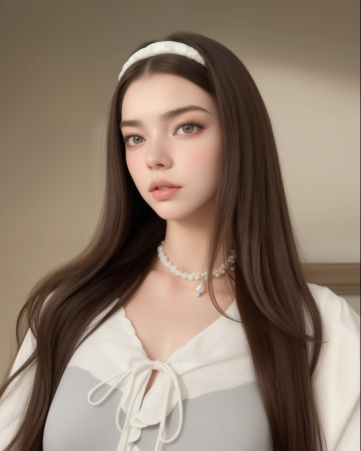arafed woman with long brown hair wearing a white shirt and a pearl necklace, anya taylor joy, anya taylor-joy, anya taylor - joy, pearl choker, belle delphine, dressed anya taylor - joy, portrait sophie mudd, portrait of anya taylor-joy, anya taylor - joy vampire queen, portrait anya taylor-joy, anya_taylor-joy