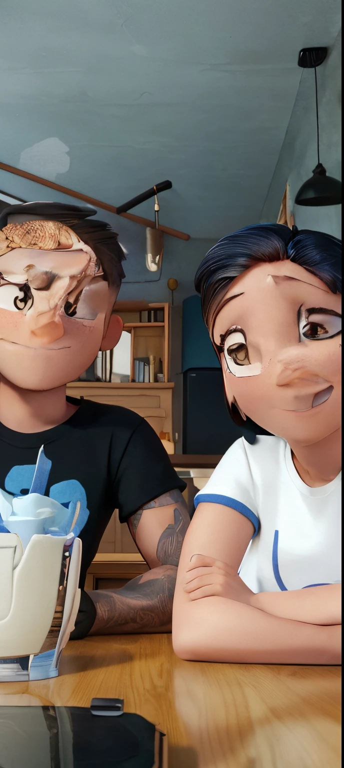 A man and a woman seating together with a table on there front. The man wear a black t shirt have a buzz hair cut and the woman wearing a white t-shirt the sleeves is color blue and the neck hole is color yellow
