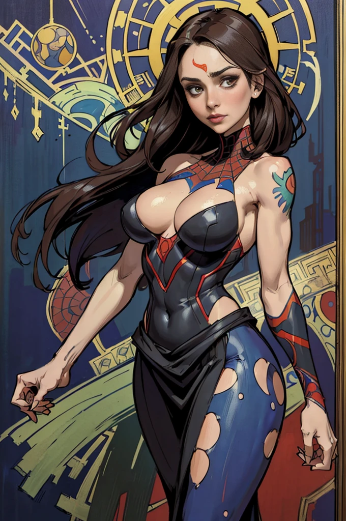 Eliza Dushku、Sticking out the navel、newyork、She wears a torn Spider-Man suit,wearing skirt、abstract photorealistic、artistic、Alphonse Mucha's painting(masterpiece、top-quality、hight resolution:1.4)、detaileds、intricate-detail、4K、color splashes、line-drawing、Fibonacci、