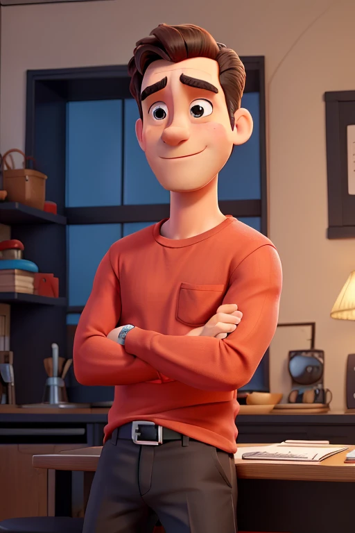 Cartoon sitting man wearing a red shirt and black pants, worried with hands on head