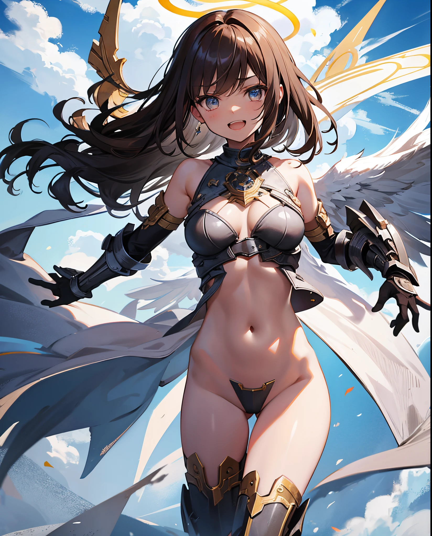 fantasy, 1angel_girl, loli,bwn_hair, medium_bob_hair, long_bangs, halo,bare_shoulder,thighhighs,silver_armor, waist_armor, large_breasts,angry,grinning,open_mouth_teeth, 1pair_wings, dynamic_pose_fighting,floating, bare_crotch, headgear,gauntlet, greaves,city_sky_background,slightly_spread_legs, solo, groin_naked,dark_skin,