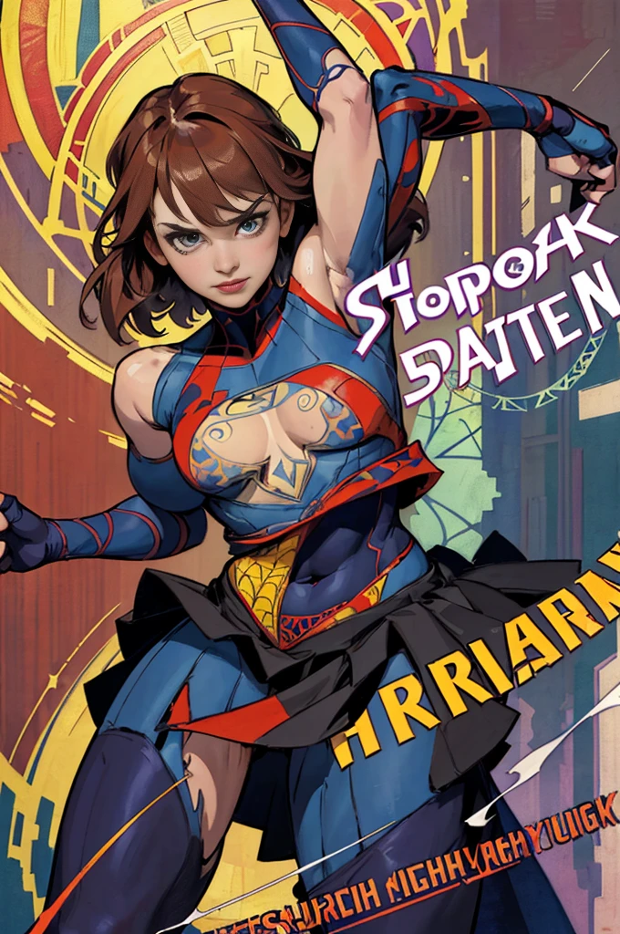 Daniel Panabaker、Sticking out the navel、newyork、She wears a torn Spider-Man suit,wearing skirt、abstract photorealistic、artistic、Alphonse Mucha's painting(masterpiece、top-quality、hight resolution:1.4)、detaileds、intricate-detail、4K、color splashes、line-drawing、Fibonacci、