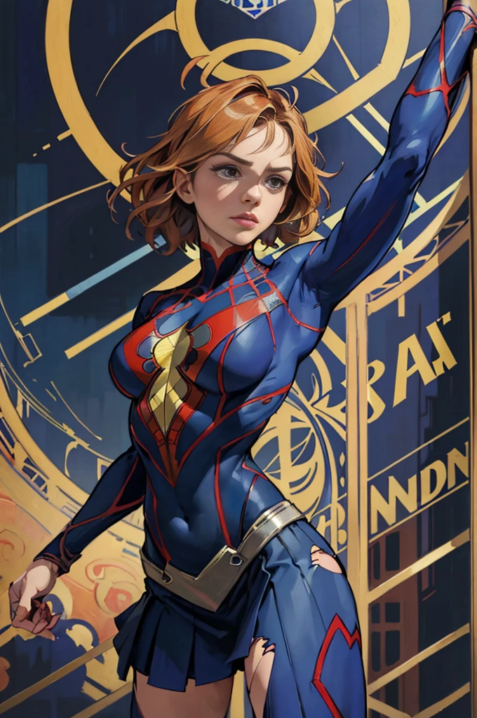 Daniel Panabaker、Sticking out the navel、newyork、She wears a torn Spider-Man suit,wearing skirt、abstract photorealistic、artistic、Alphonse Mucha's painting(masterpiece、top-quality、hight resolution:1.4)、detaileds、intricate-detail、4K、color splashes、line-drawing、Fibonacci、