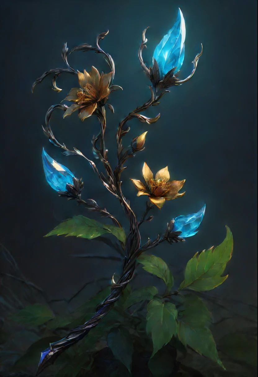 (Lycorisradiata close-up:1.5),Charming flower of the other side,Mysterious Manzhu Shahua,A bloody ghost flower blooming at the gate of hell,Leading the soul to the afterlife,Evil charm,Flirtatious,uncanny,Magic Sword,Legendary magic sword,Glory Magic Sword,Alloy iron flower,Alloy vines surround the magic sword,There are iron flowers on the sword,heavy metal style,metal art,flower made of iron,iron leaf,Full metallic luster,Metal texture in the post-industrial era,Crafts made from twisted alloy wire,gold flowers,Iron flower,Silver flower,metal tree branch,a crystal pendant,Emerald inlay,well-built,Perfect craftsmanship,Magic lightning background,blue lightning,There are fairies,dark fantasy style art, dark flower shaman, dark fantasy concept art, bloodborne concept art, dark concept art, Feiyu looking for flowers, Diablo digital concept art, dark fantasy art style, Dark flowers, 🌺 CG Society, bloodborne art, photorealistic dark concept art,