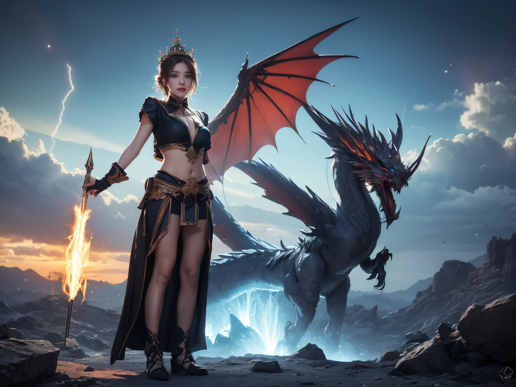 Professional , masterpiece、top-quality、photos realistic , depth of fields 、(Dragon Red Metal Body:1.9),(Enamel purple、(cleavage of the breast)、Mystical expression、Dragon Gold Weapon、(Red Micro Bikini Armor:1.4),Gorgeous gold weapons ,Particles of light、(( Dragon's dense and gorgeous sword)) , (demonic wings)、((a blond))、(Castle background)、((Gangle's forest background))、((Fight dragons))、Beautiful Caucasian beauty、1a person、dynamic ungle,(((Detailed and ornate dragon helmet)))、Smaller head、A smile、Castle background、Thin and beautiful female hands、cleavage of the breast、Soldier in iron armor on background、Mystical expression、Light Effects、intense fighting、Wind-effect、magic circles、With the legendary magic wand、Dragon's tail、explosions、Anatomically correct body、
