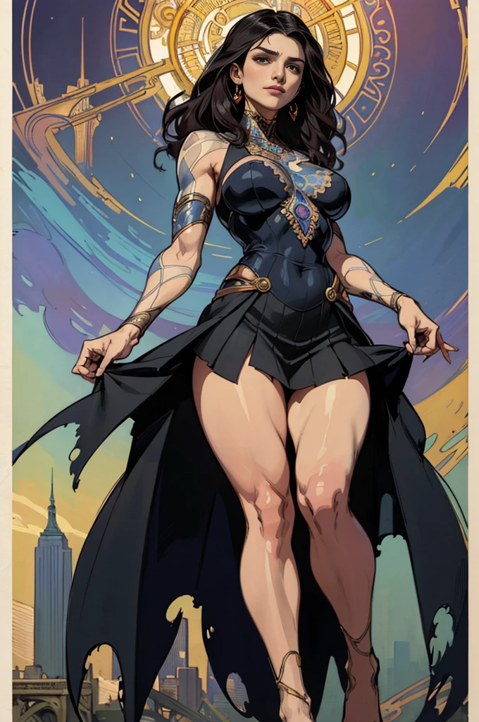 Rachel Weisz、Sticking out the navel、newyork、She wears a torn Spider-Man suit,wearing skirt、abstract photorealistic、artistic、Alphonse Mucha's painting(​masterpiece、top-quality、hight resolution:1.4)、detaileds、intricate-detail、4K、color splashes、line-drawing、Fibonacci、