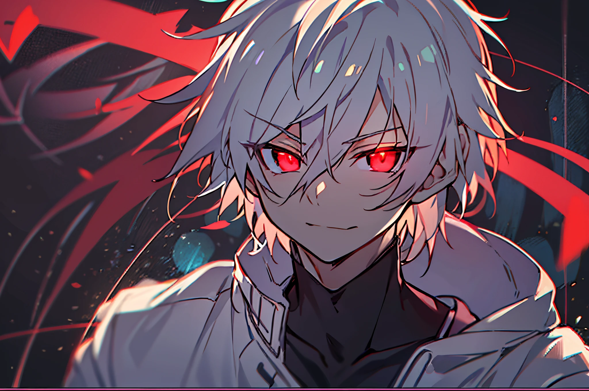 hight resolution,close range、Anime boy with white hair and red eyes staring at camera, Glowing red eyes,slim, dressed in a black outfit,Shadow Body,（colorful backdrop）,hair messy,Straight face、Diagonal angle