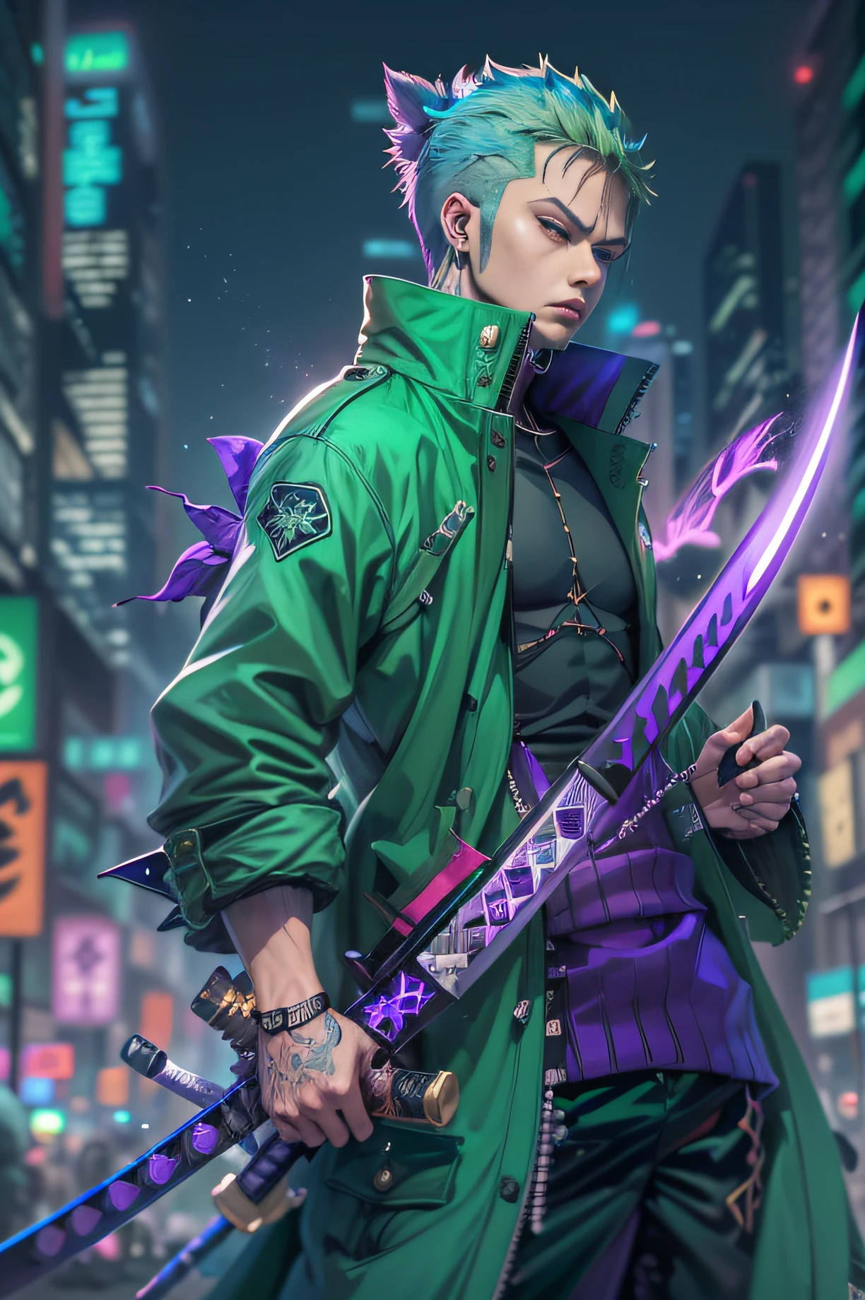 a man with Green hair and a purple jacket holding a Katana, cyberpunk art inspired by Munakata Shikō, tumblr, digital art, ufotable art style, anime wallaper, profile picture 1024px, trigger anime artstyle, badass anime 8 k, One Piece, 4k anime wallpaper, ((Zoro)) Zoro of OnePiece,