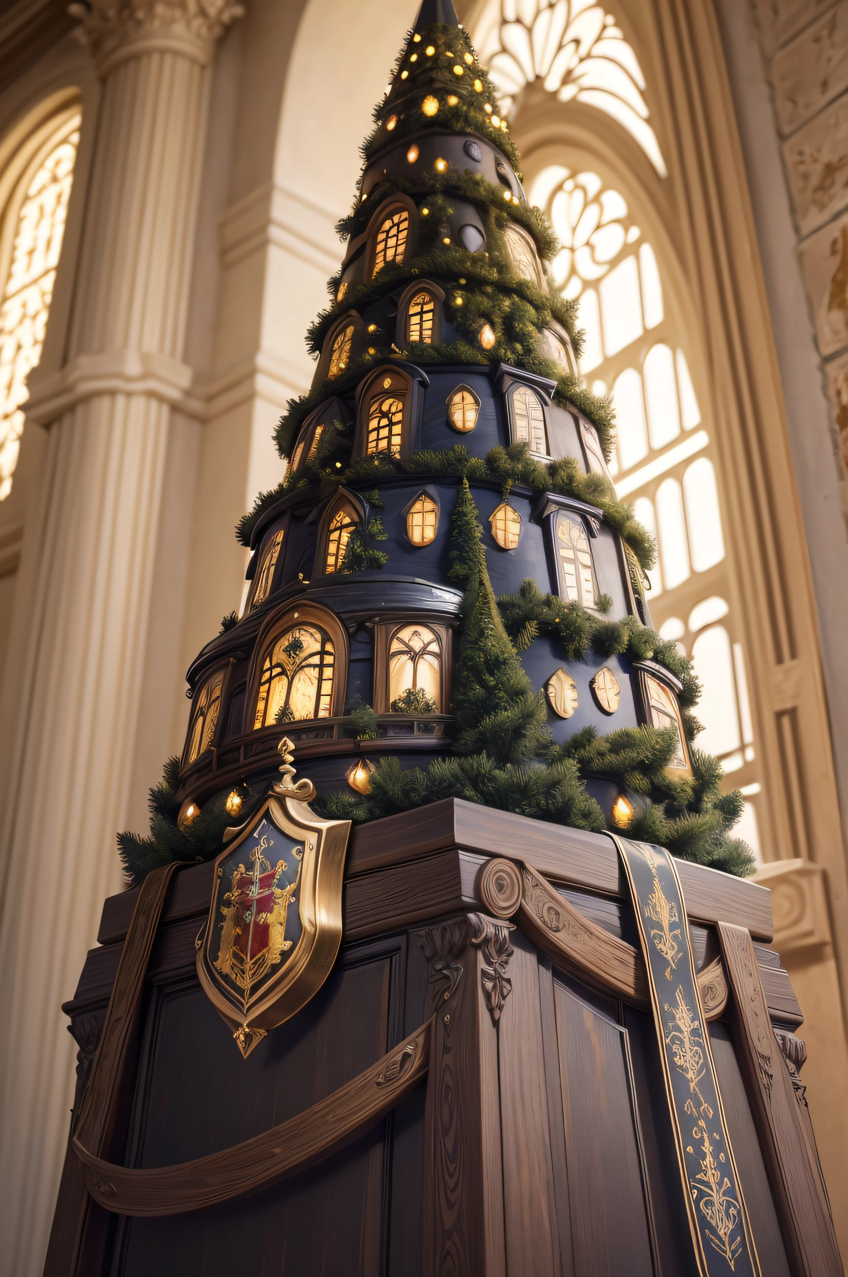 (Best quality),(Masterpiece),(Ultra detailded),(high detailed),(Extremely detailed), sapin de Noël Harry Potter. Decorations: a, mur, ceinture de Gryffondor, hibou, Livres, ...