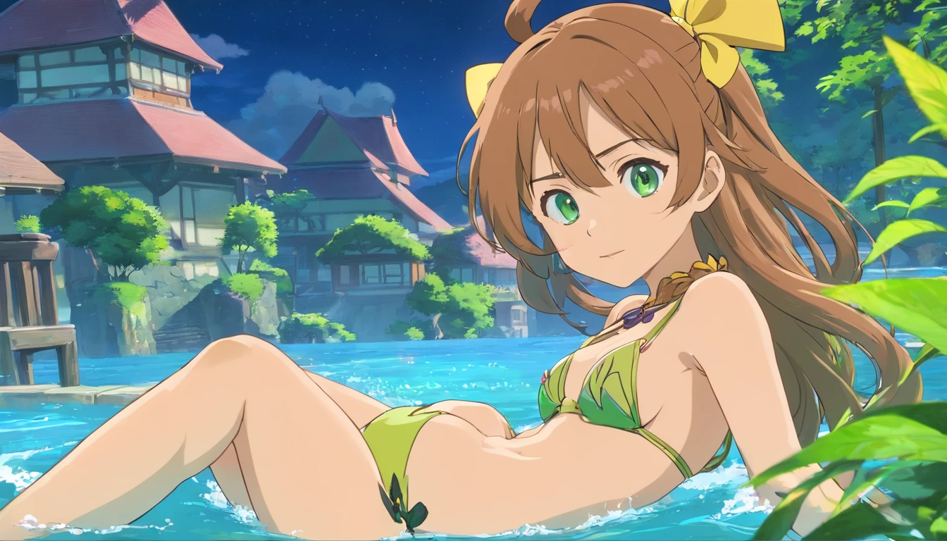 ((Masterpiece,Best Quality)), High Resolutions, Extremely Detailed 8K Wallpaper, Field_Depth, Cowboy Shot, Only, 1Girl, Saeki Sayaka Yagatekimininaru, Long Hair, Light Brown Hair, Braid, Green Eyes, Bow, Breasts large, , (Micro bikini minimum: 1.2), Pool, Night, With pikachu, . - -v 5 --stylize 1000, (best quality, masterpiece, colorful, dynamic angle, greater detail), (high resolution textures), extreme detail, greater detail), HDR+, dynamic angle, ((inspired by the style anime)).