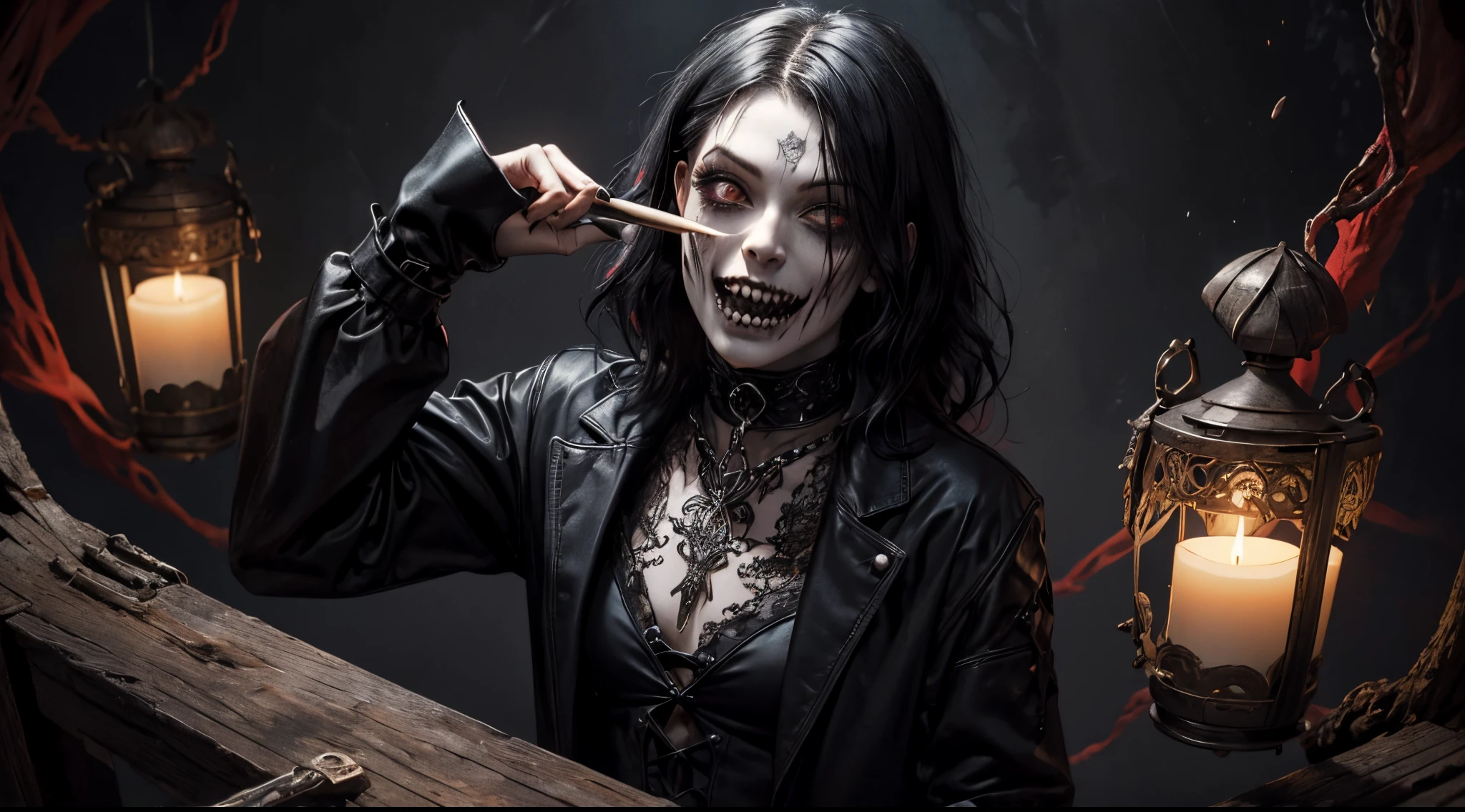 Masterpiece, Best Quality, overhead view, 1guy, ((goth)), ((Pale_Skin)), sharp teeth, Horror, black hair, brown eye, covers his face, messy hair, Looking Up, Liquid Makeup, goth, Horror, evil laugh, Three Eyes, horror background, Revolver in hand, 血, spear, terrible, terror, infected, corpse, lanterns. Red colors