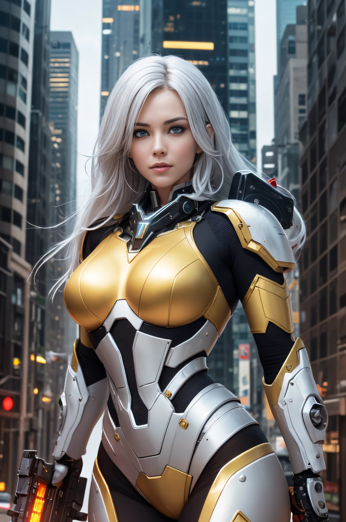 "Generate a realistic 8K cyberpunk image of a woman in a golden suit flexing her mecha gun. Emphasize silver linings, blue eyes, and 'DYDX CORPS' on her chest. Ensure white hair, lifelike expression, and detailed weaponry. Create a dynamic pose in a futuristic urban setting with realistic lighting." --auto --s2