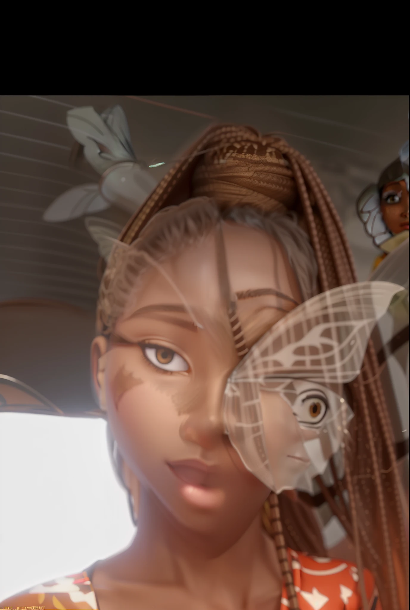 a woman with butterfly wings on her head and a butterfly on her face, face covered in moths, the mask covers her entire face, adut akech, half-woman half-butterfly, maria borges, wangechi mutu, portrait willow smith, with brown skin, wearing angel halo covered face, african domme mistress, see through glass hologram mask