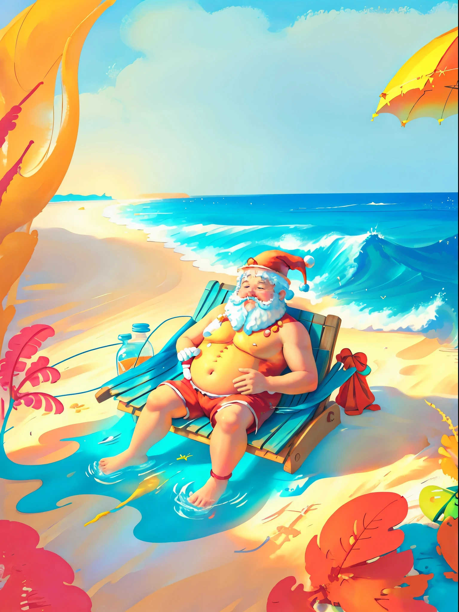 (Sunny, Beach vacation),((Santa clause (fat guy:1,5) sunbathe and enjoy the waves on a beach holiday)),[in shades, enjoying a cold drink], (white fluffy beard and rosy cheeks), (red swimming trunks and straw hat),(Sitting on a sun lounger),relaxation on the sandy beach, against the background(turquoise sea and palm trees),(clear blue sky),(with seagulls, Overhead Flight),(warm golden sand),children playing in the water,(Building sand castles),Boot tracks in the sand, soft ocean breeze and sound of the surf,[raspberry umbrella, shadow-giving],[beach towels and sunscreen bottles strewn everywhere][Best Quality, bright colours](,sun-drenched, Vibrant blues and greens),[daytime lighting, joying](,warm, Natural sunlight)
