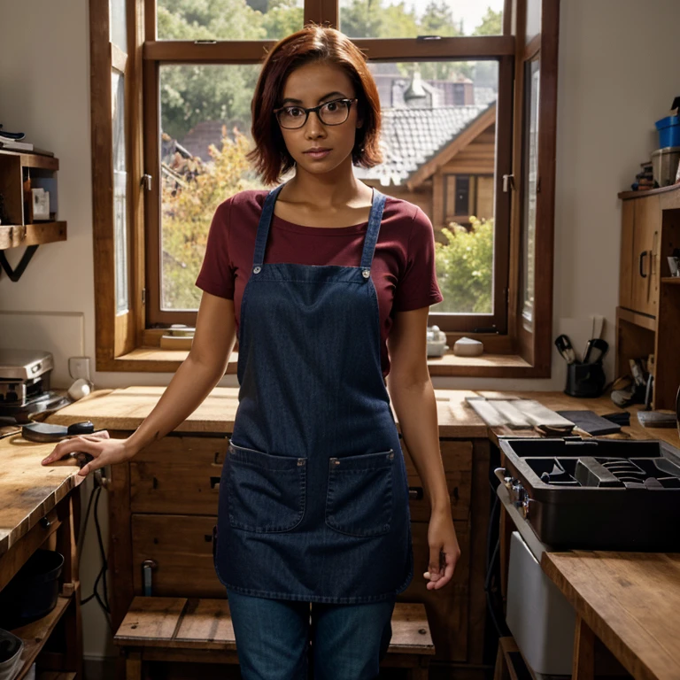 1girl, pretty face, dark skin, mixed-race, dark red hair, short hair, straight hair, parted on the side, red rimmed glasses, purple shirt, jeans, wearing a workshop apron BREAK standing at a workbench, in a workshop, forest and mountains are seen through the windows