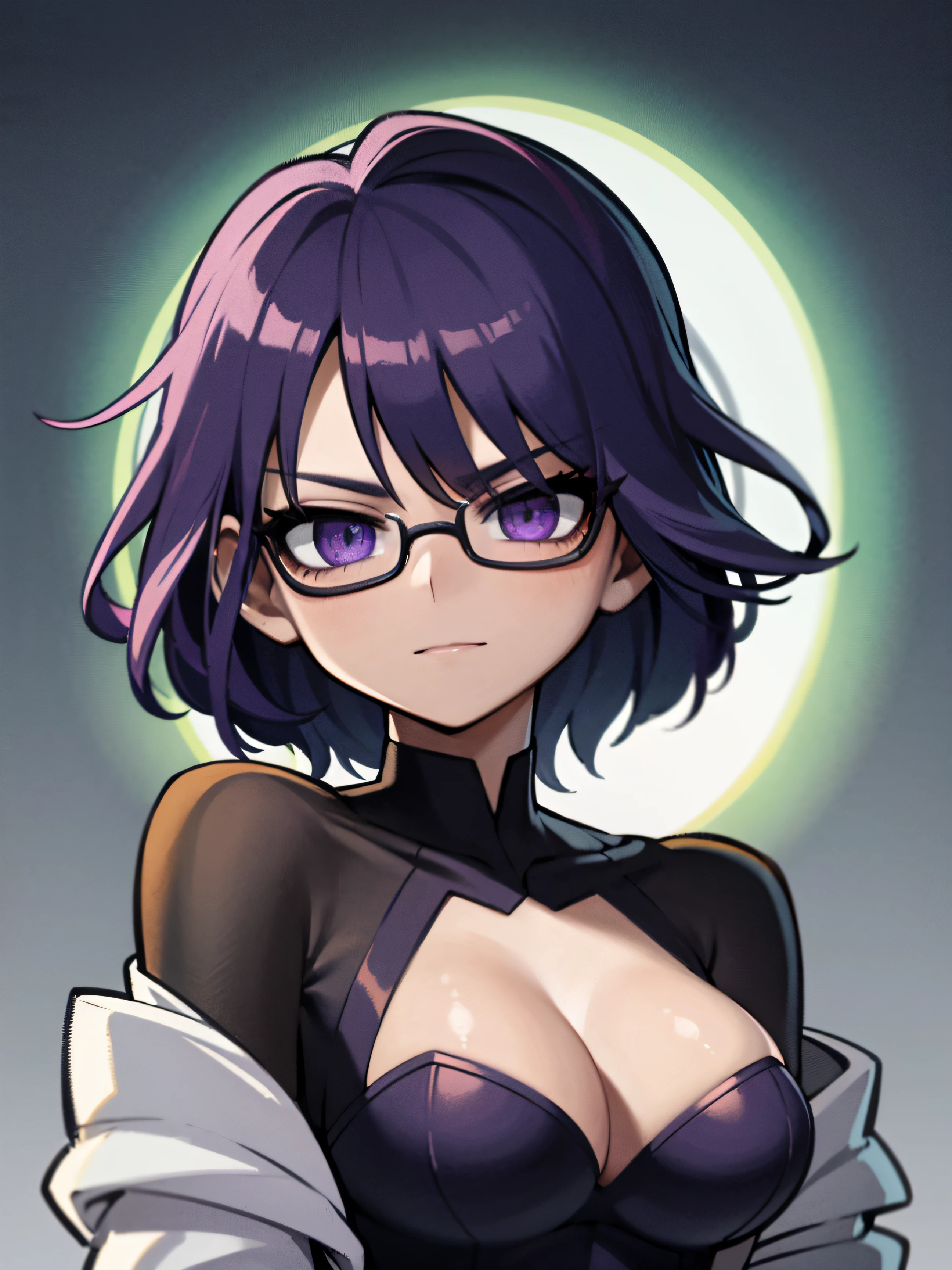 raiden shougn, purple hair, purple eyes, a girl wearing trendy orange sunglasses , with an orange background, portrait