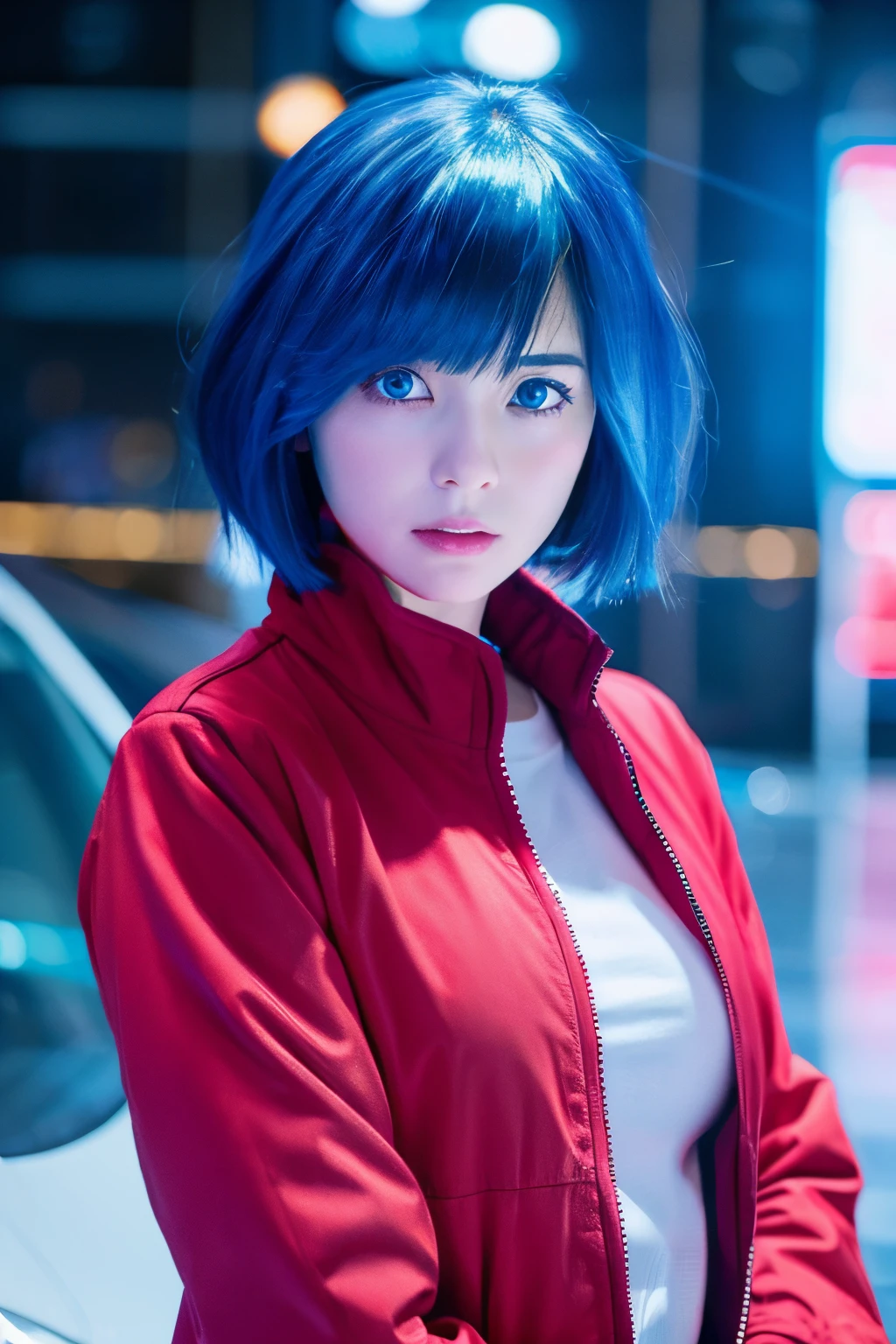 real female japanese、short-cut、Blue hair、Blue eyes、wearing a red jacket、Ghost in the Shell、