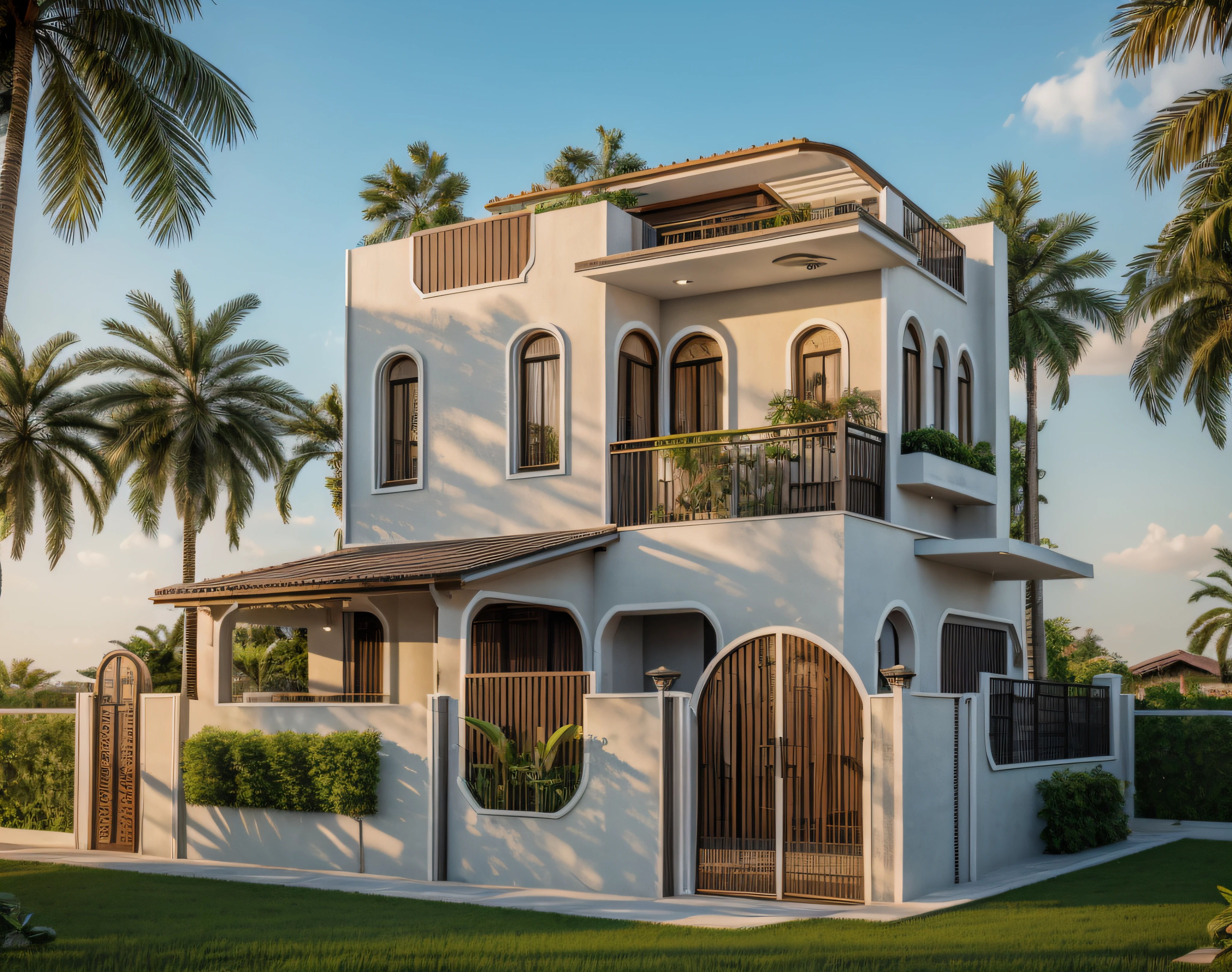 RAW photo,Masterpiece, high quality, best quality, authentic, super detail, exterior, outdoors, house style indochine with white wall, railing glass of balcony, all refection glass windows, indoor furniture, plant and tree near the house, plant on the rooftop, ,grass, tropical garden, trees, beautiful summer sky, beautiful landscape with grass and flower bushes, plants, trees (day:1.2), black iron gates, black iron fence ,vray, 8k, uhd