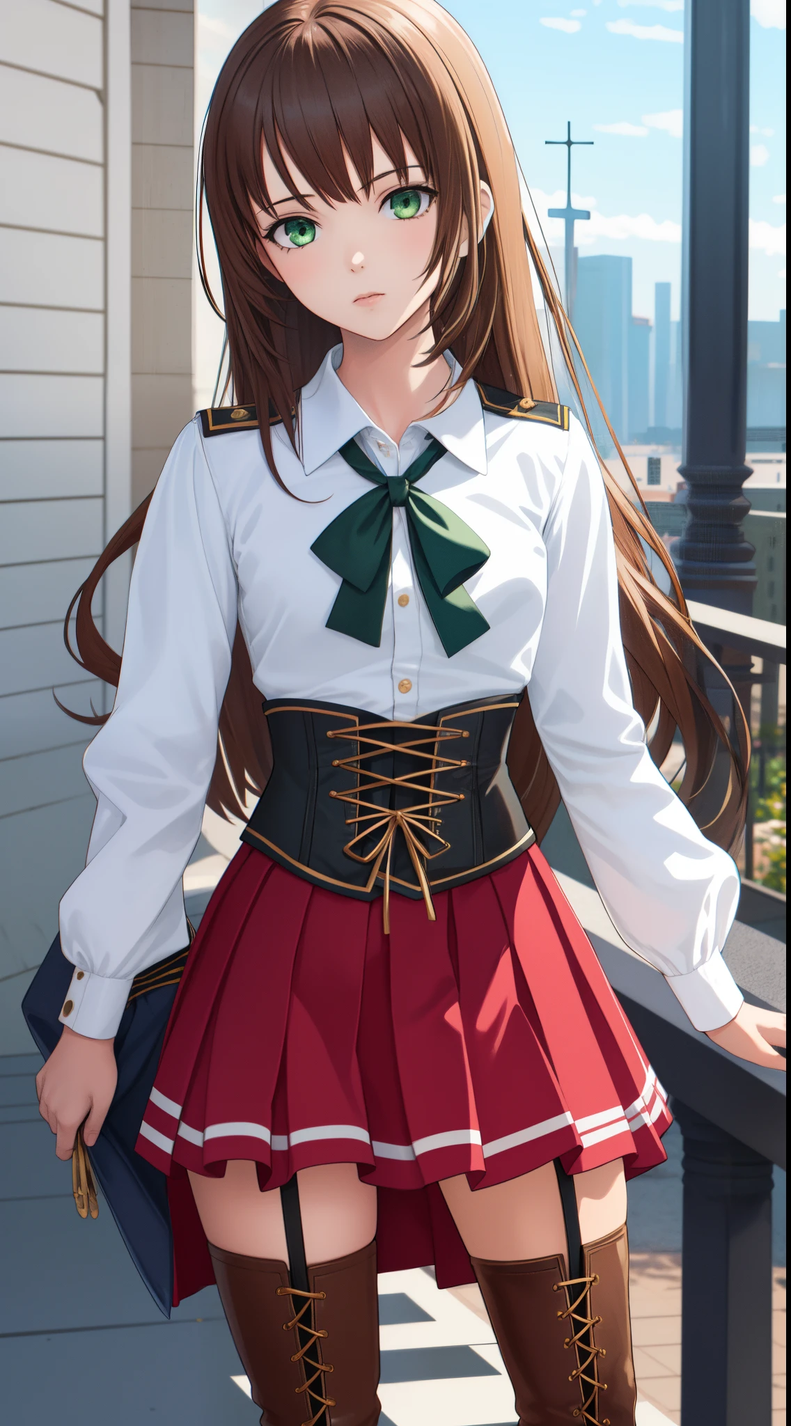 ((8Kmasterpiece,highest quality)), ultra high resolution, (masterpiece: 1.4), hyper detail, (((1 girl))),cute,perfect anatomy, beautiful face, beautiful and delicate eyes,((red eyes)),Big eyes,shining eyes of light,thin and long eyelashes,detailed light,((brown hair)),((long hair)), ((twin tails)),Ahoge,big breasts,((very big thighs)),school uniform,hair clip,red hair ribbon,plaid blitz short skirt,white knee high socks,light pink panties, Panty Pose, panty shot, ,(grinning smile),((blush)),((please open your mouth wide)),(classroom),((angle from below)),looking at the viewer,evening,beautiful sunshine,Nice views, rainbow in the sky, particles of light, sunbeam,gust of wind,sense of speed,dutch angle,Depth of written boundary