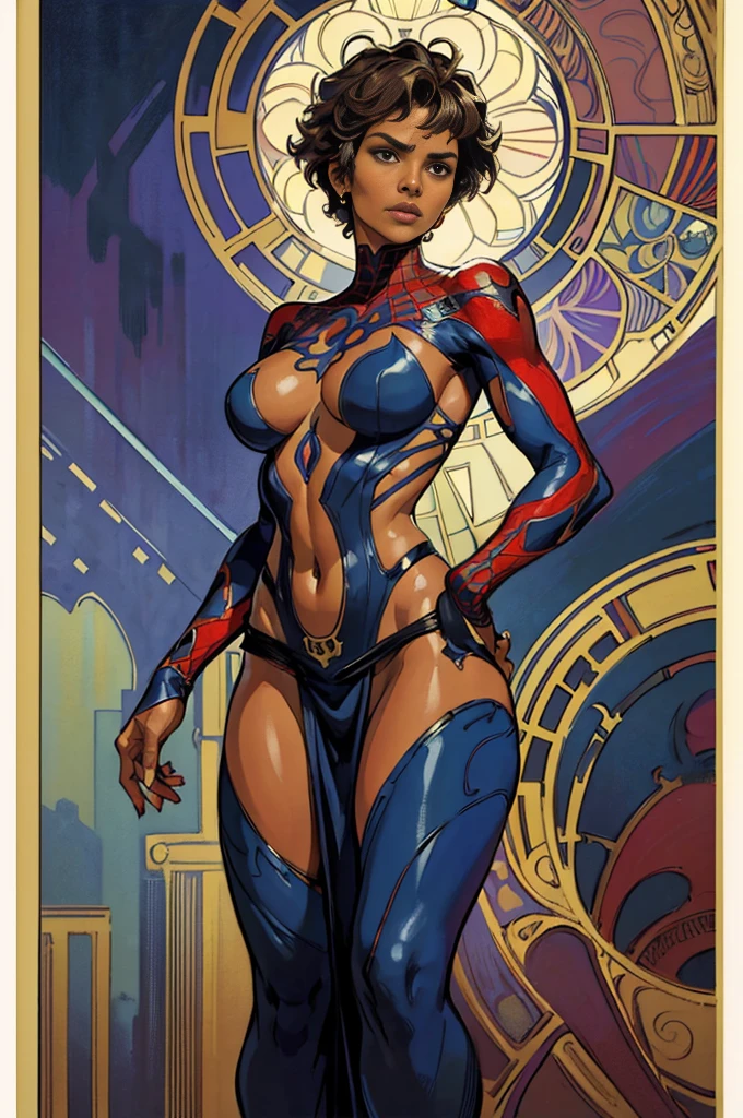 Halle Berry、Sticking out the navel、newyork、She wears a torn Spider-Man suit,wearing skirt、abstract photorealistic、artistic、Alphonse Mucha's painting(masterpiece、top-quality、hight resolution:1.4)、detaileds、intricate-detail、4K、color splashes、line-drawing、Fibonacci、