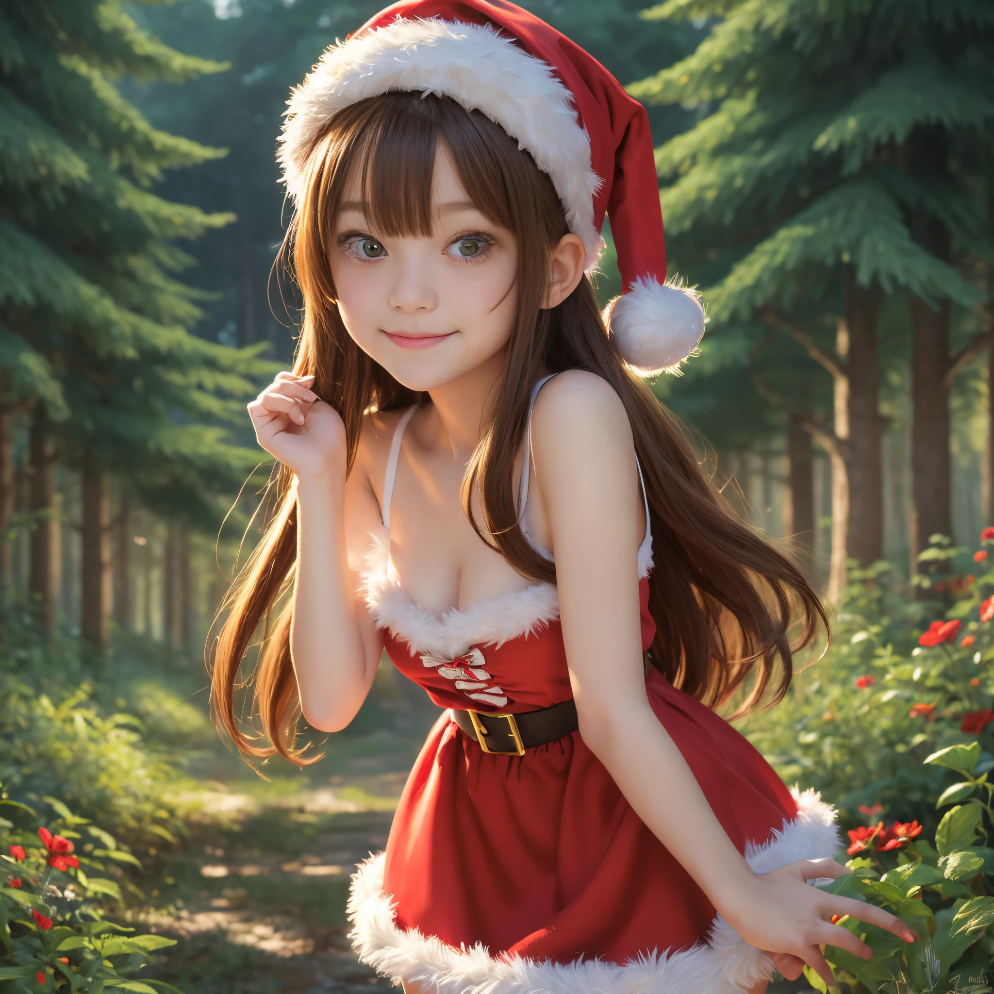(Raw photo:1.2), (Photorealistic), Beautiful detailed girl, Very detailed eyes and face, Beautiful detailed eyes, Huge file size, High resolution, Very detailed, Best Quality, [masutepiece:1.6], Illustration, Very detailed, Fine detail, Best Quality, 8K Wallpaper, Movie Lighting,A 15-year-old Ghibli-style female student dressed as Santa Claus, Ghibli Forest, casual santa claus costume, Strike a cute pose in a mysterious forest ,innocent smiles, Happy look, Cute Schoolgirl, Ghibli style illustration, Ghibli Style Girl