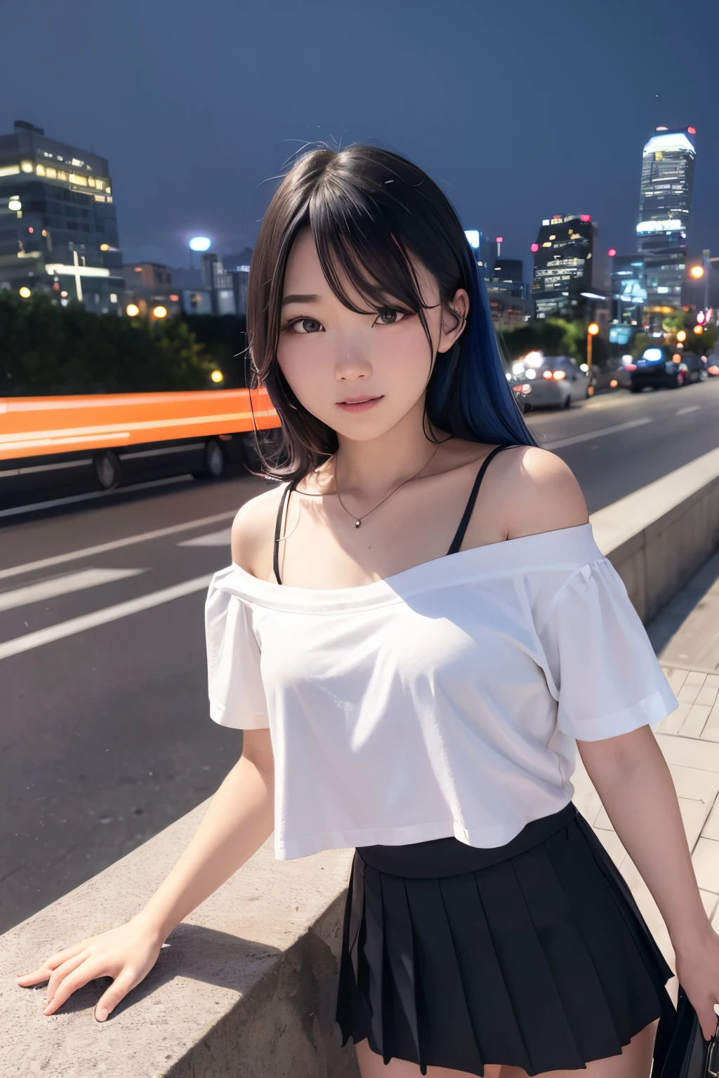 1girl in, Black_Skirt, Blue_hair, building, city, cityscape, hair_Bland_Eyes, Jacket, up looking_で_viewer, Medium_hair, Multicolored_hair, multiple_Boys, Night, Off_Shoulder, Outdoors, pleed_Skirt, mountain road, Shirt, Skirt, Skyscraper, Smile, Solo_Focus, Street, white_Shirt