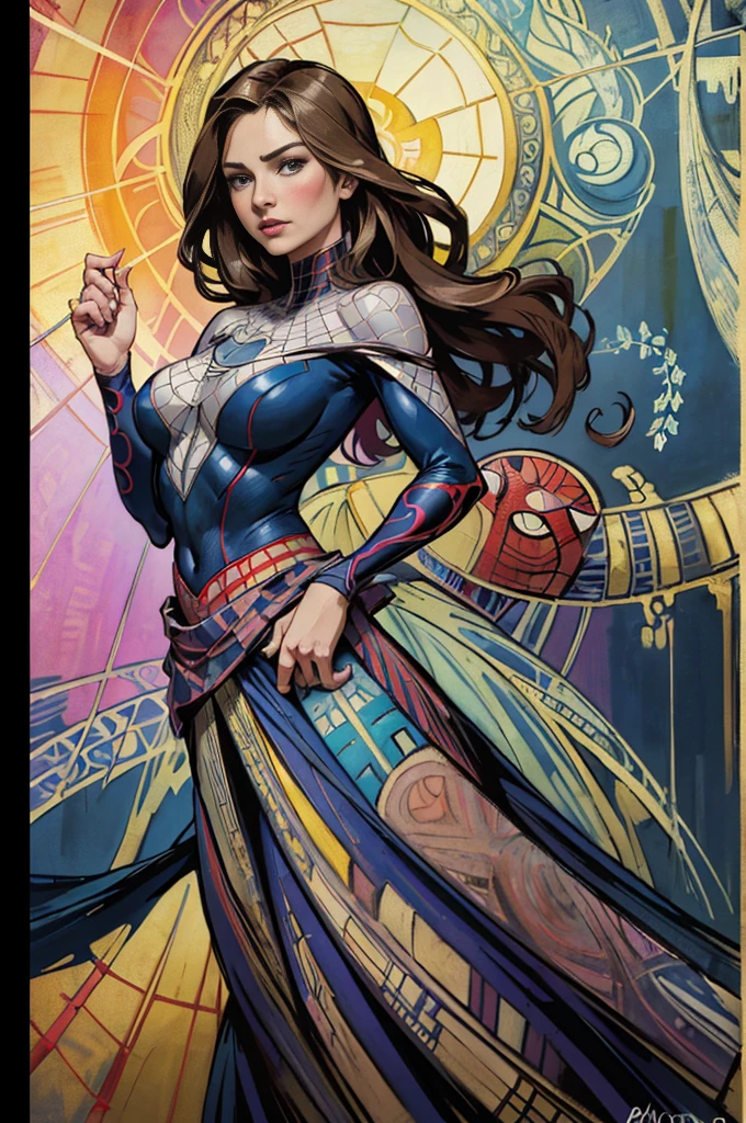 Emily VanCamp、Sticking out the navel、newyork、She wears a torn Spider-Man suit,wearing skirt、abstract photorealistic、artistic、Alphonse Mucha's painting(masterpiece、top-quality、hight resolution:1.4)、detaileds、intricate-detail、4K、color splashes、line-drawing、Fibonacci、