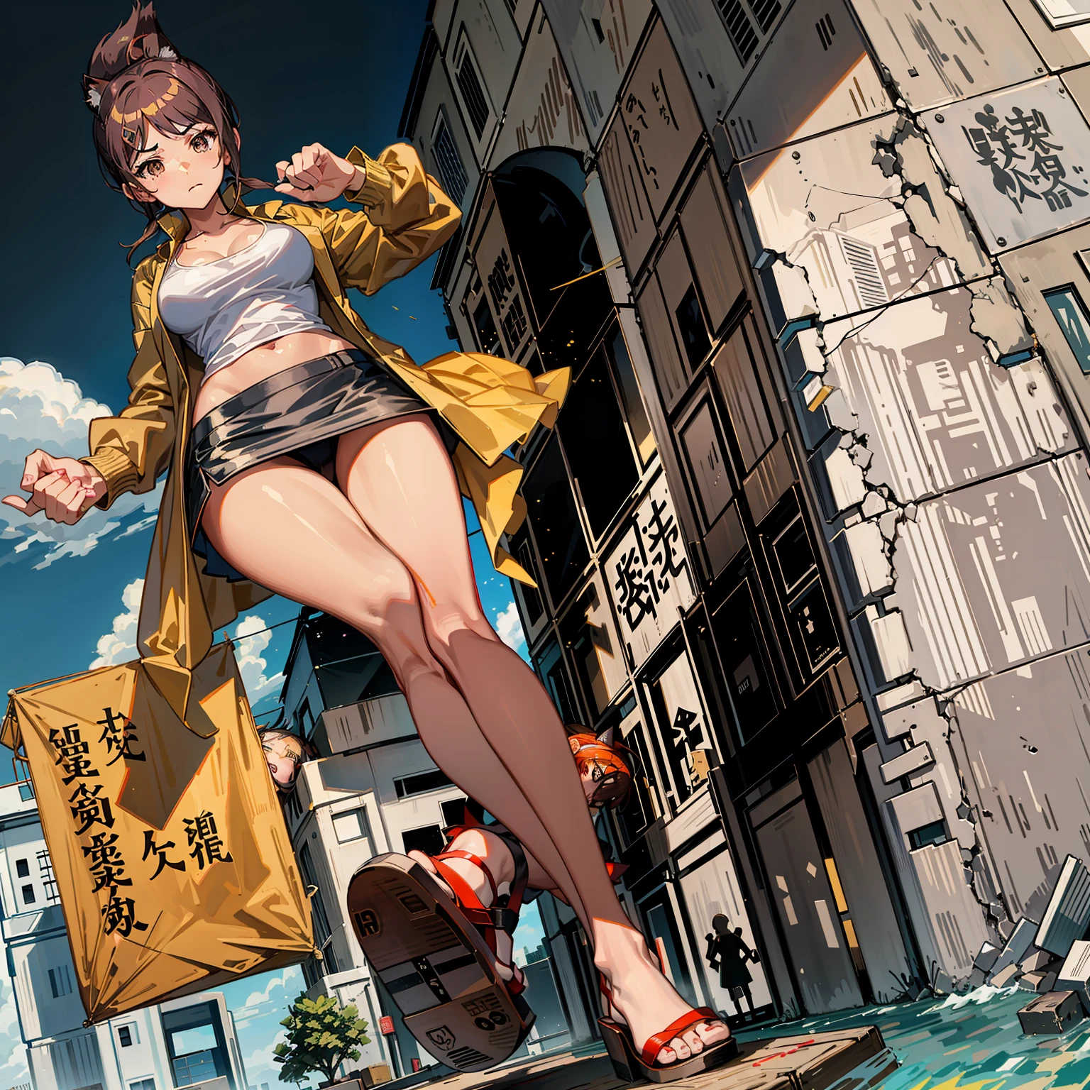 Asahina Aoi, GTS, Giantess, cat ears, light frown, looking down, sky, loose yellow shirt, black skirt, blocking sun, sandals, stomping, destruction, building collapsing
