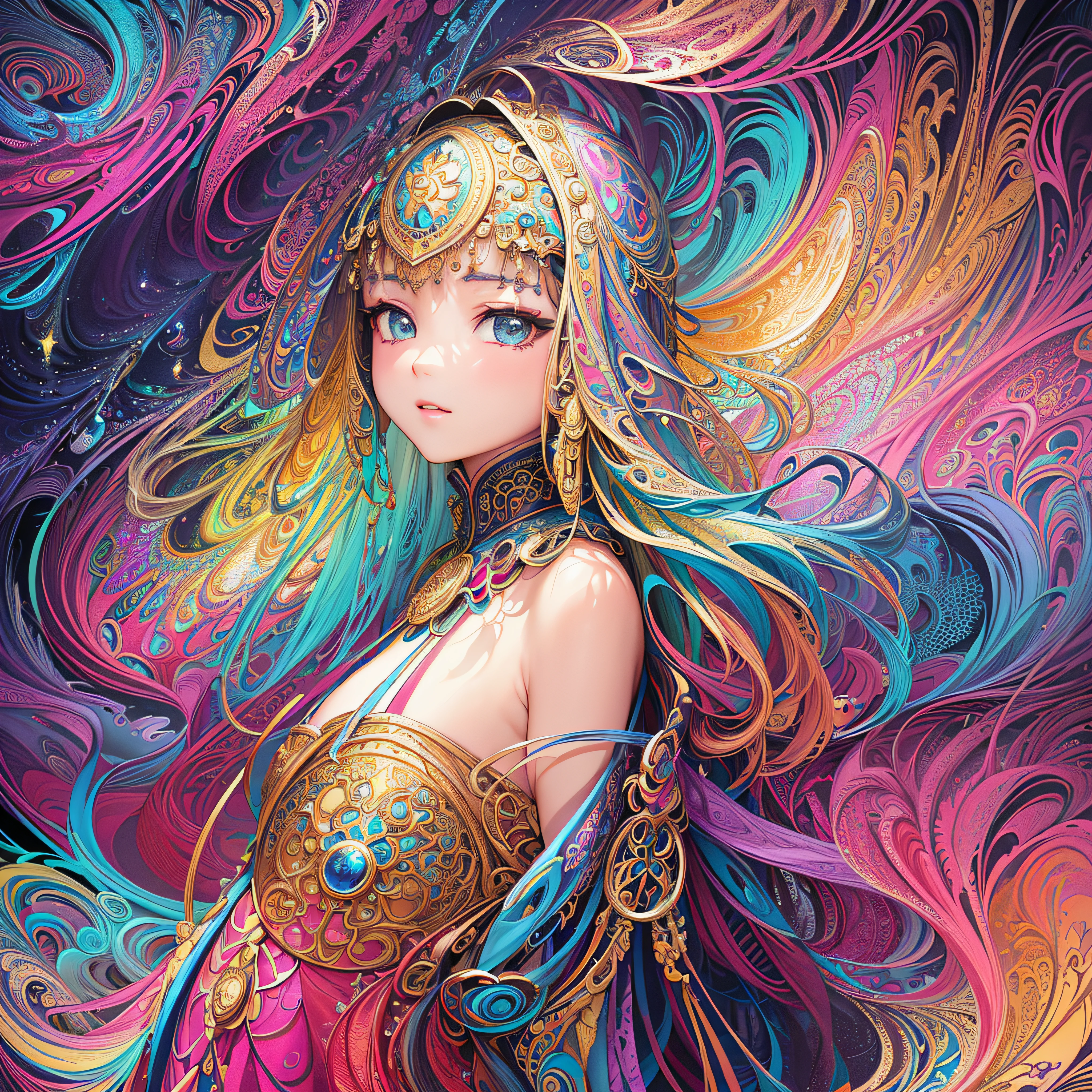 (​masterpiece、top-quality、top-quality、Official art、Beautifully Aesthetic:1.2)、Highly detailed fractal art、(colourfull:1.5)、highest details、Zentangle、a closeup、 (1girl in:1.5), 独奏, (dynamicposes), (Abstract background:1.5), (shinny skin),