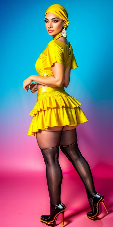 uma mulher com blusa branca e saia amarela posando para uma foto, wearing honey - themed miniskirt, Saia Curta, mini saia, babado, amarelo, saia curta bonita, de bermuda, amarelo claro, usando saia, shorts, saia, side view, Roupas amarelas, lado - vista, vista lateral, roupa de babados, Frescuras